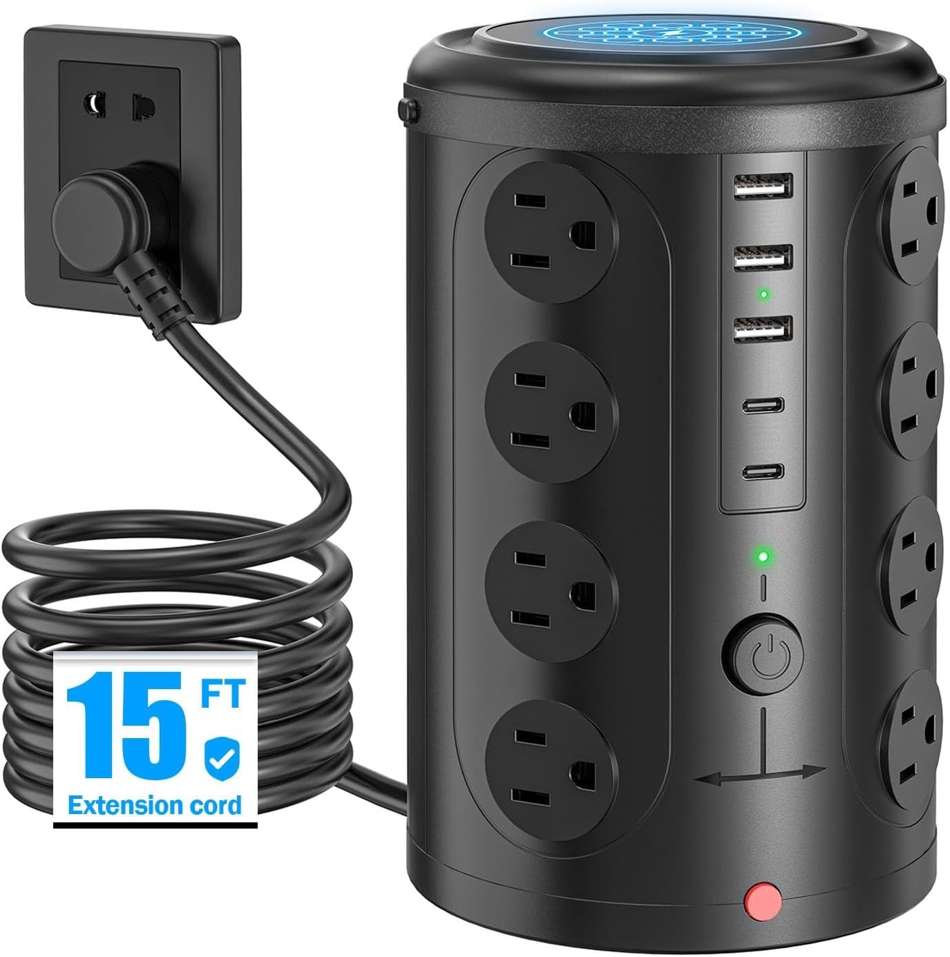 Power Strip Tower Surge Protector with 16 Outlets and 5 USB Ports (2 USB-C), 15F