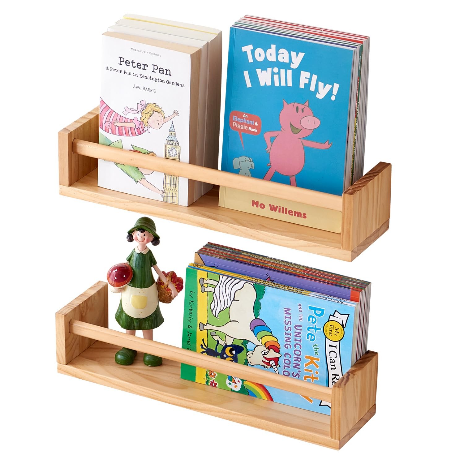Pine Wood Nursery Shelves 16 inches - Set of 2 Wall Mounted Floating Bookshel...