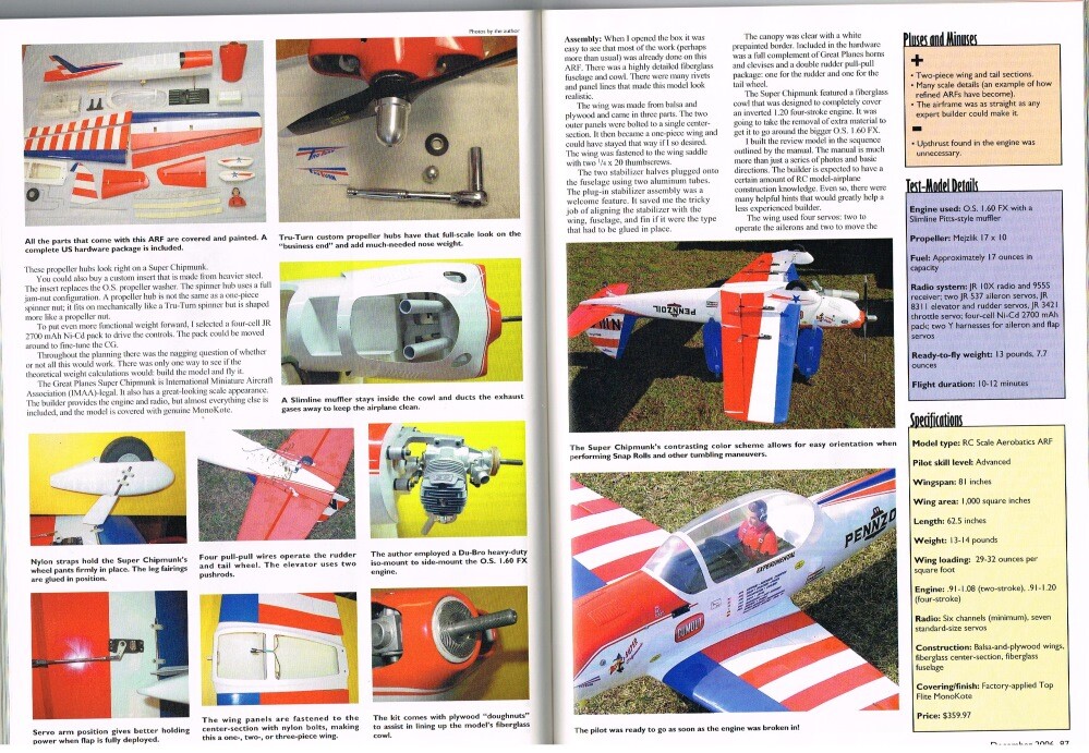 MODEL AVIATION Magazine December 2006 Super Chipmunk ARF