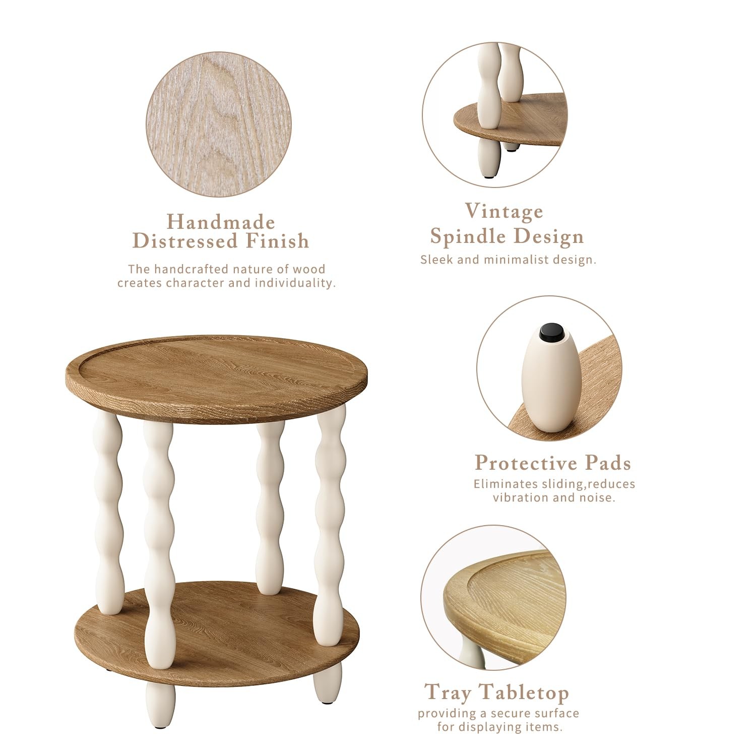 Round End Table, 2-Tier Farmhouse 18.5'' 18.5" Round, White