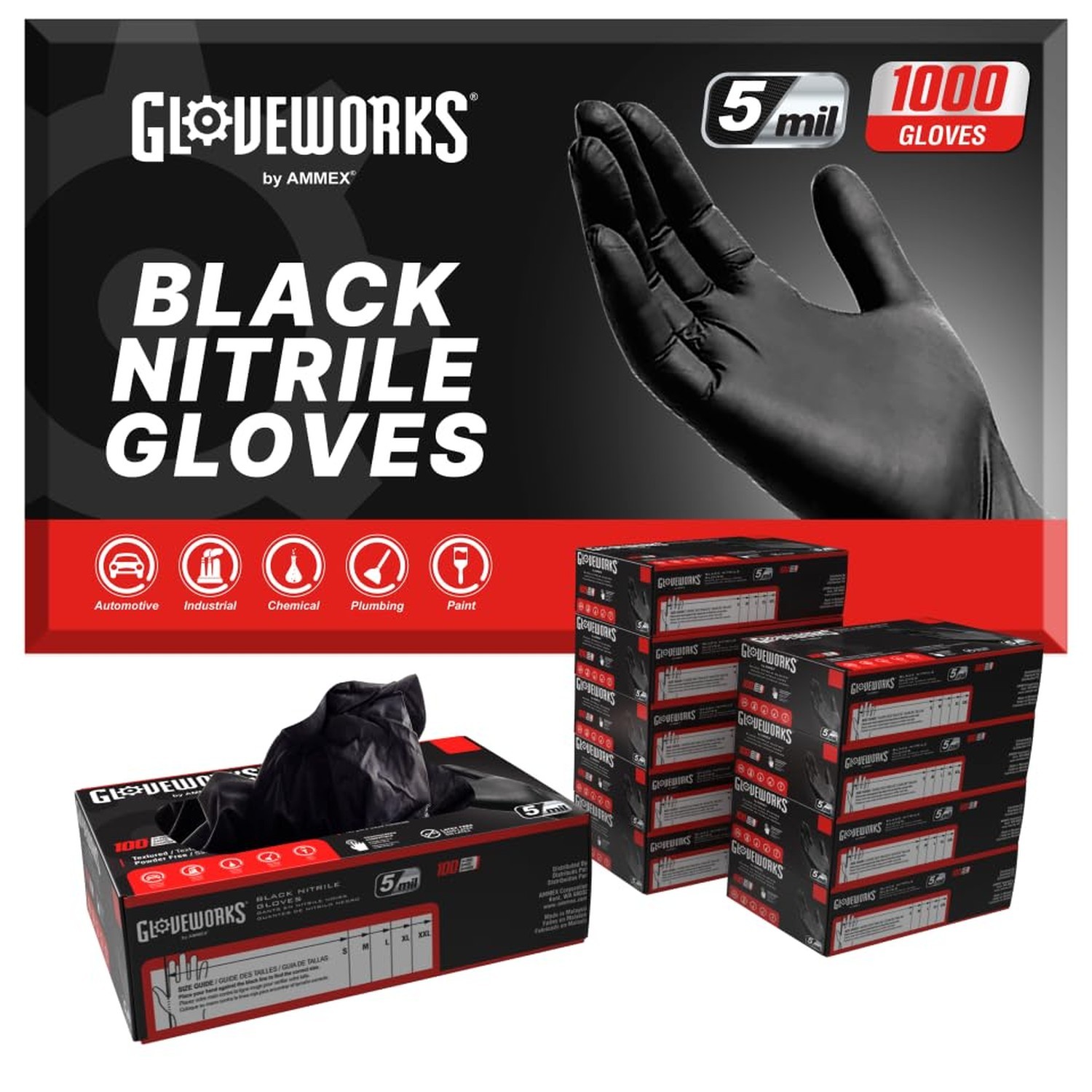 GLOVEWORKS Black Disposable Nitrile Industrial Gloves 5 Mil, Latex/... Fast Ship