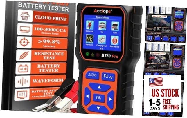 BT60 PRO Car Battery Tester 6V/12V/24V, 2–120Ah, 100–3000 CCA, Black-Orange