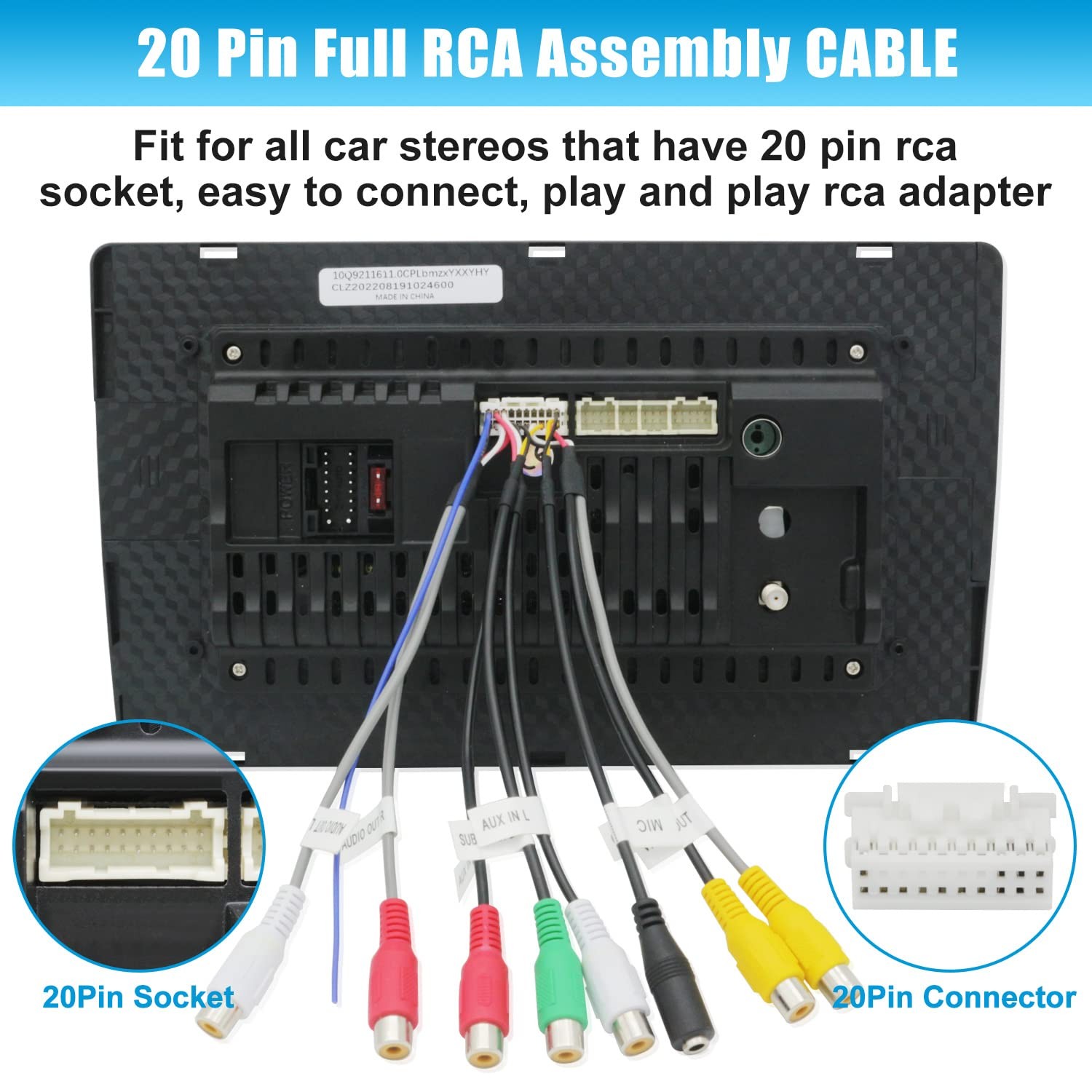 Fiegromech Android Car Stereo Radio RCA Cord Assembly 20 Pin Multicolored