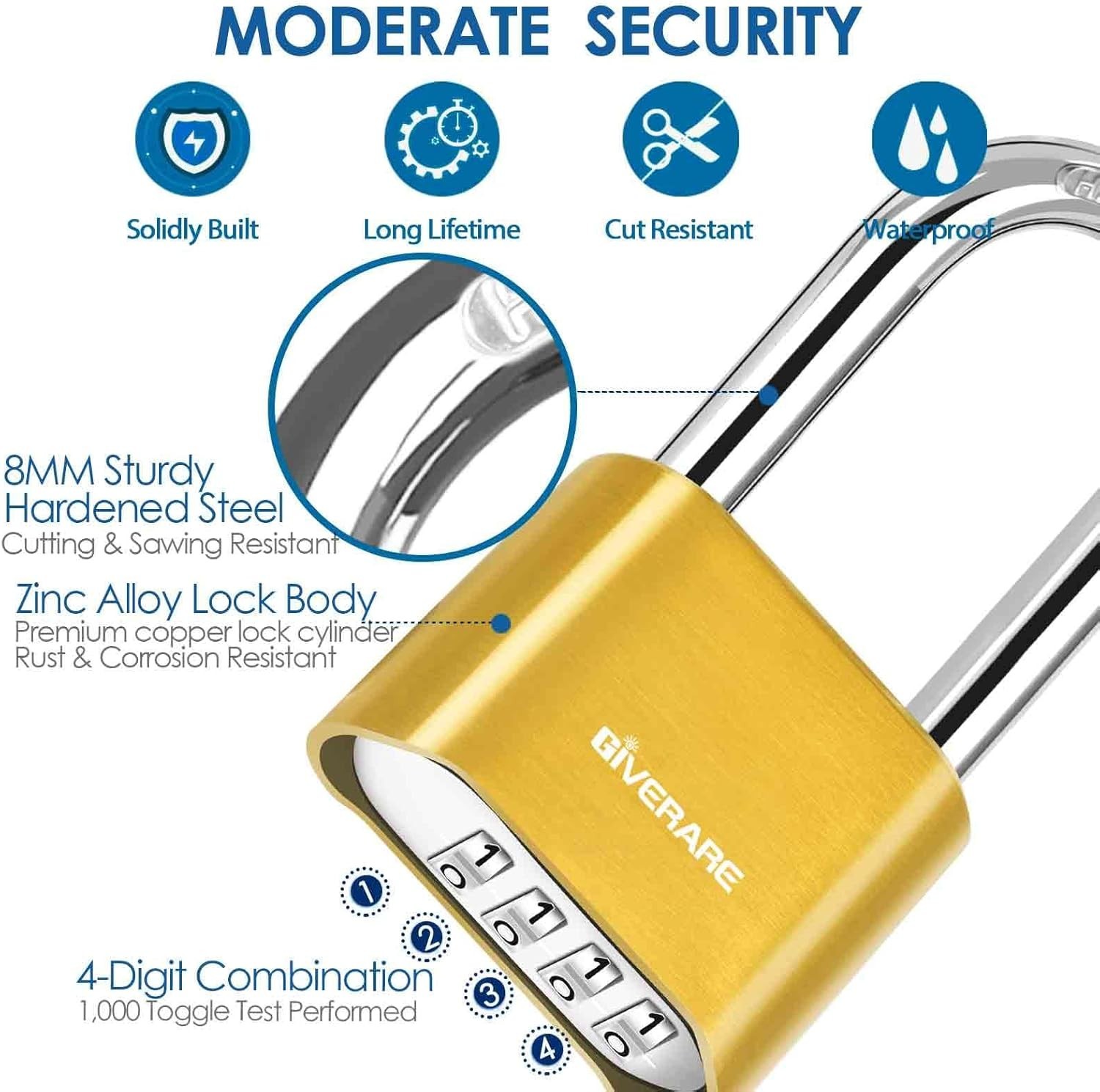 4-Digit Combination Padlock Heavy Duty Weatherproof Long Shackle Security Lock
