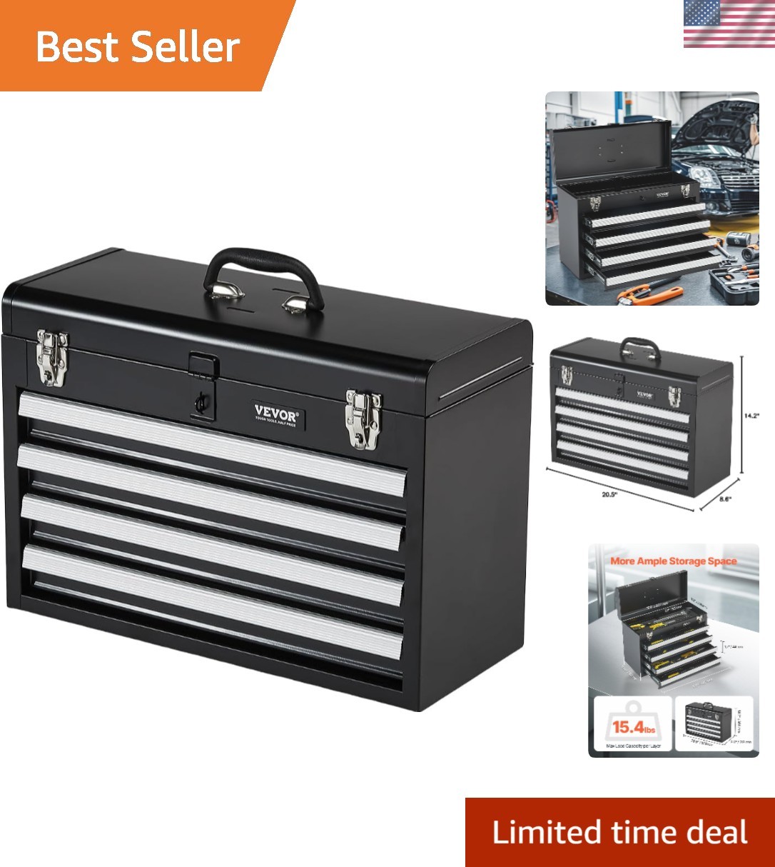 Lightweight 20.5-Inch Tool Box with Rust-Resistant Finish & Ball Bearing Drawers
