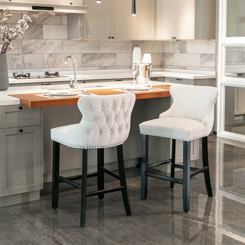 Set of 2 Barstools,Velvet Upholstered Button Tufted Kitchen Pub Bar Chairs White