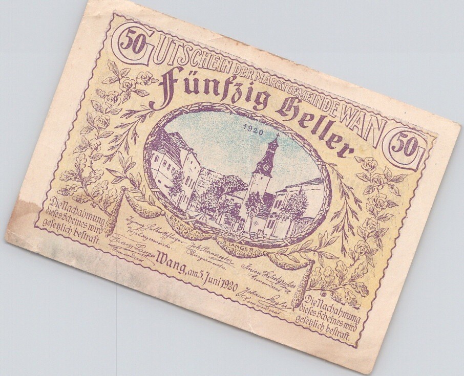 Austria Notgeld Wang 50 Heller 1920 Vintage Paper Money Banknote Note VF