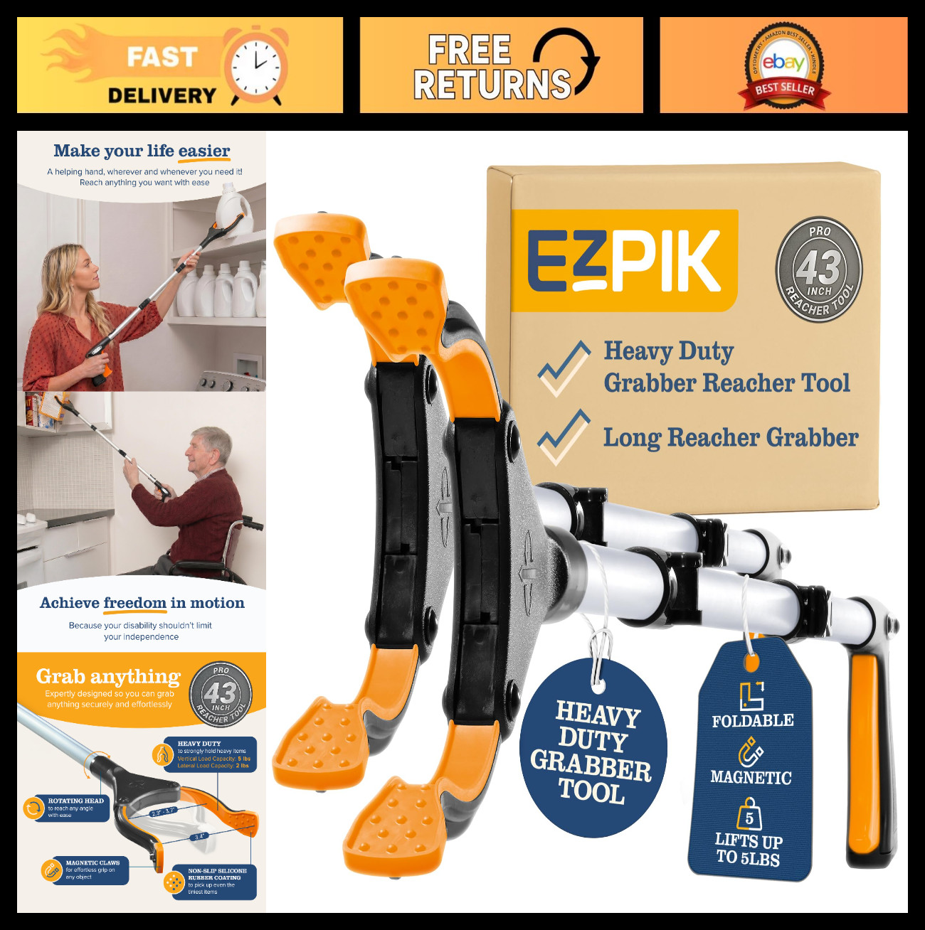 43" Foldable Grabber Tool for Seniors - Heavy Duty Reaching Aid & Trash Picker 2