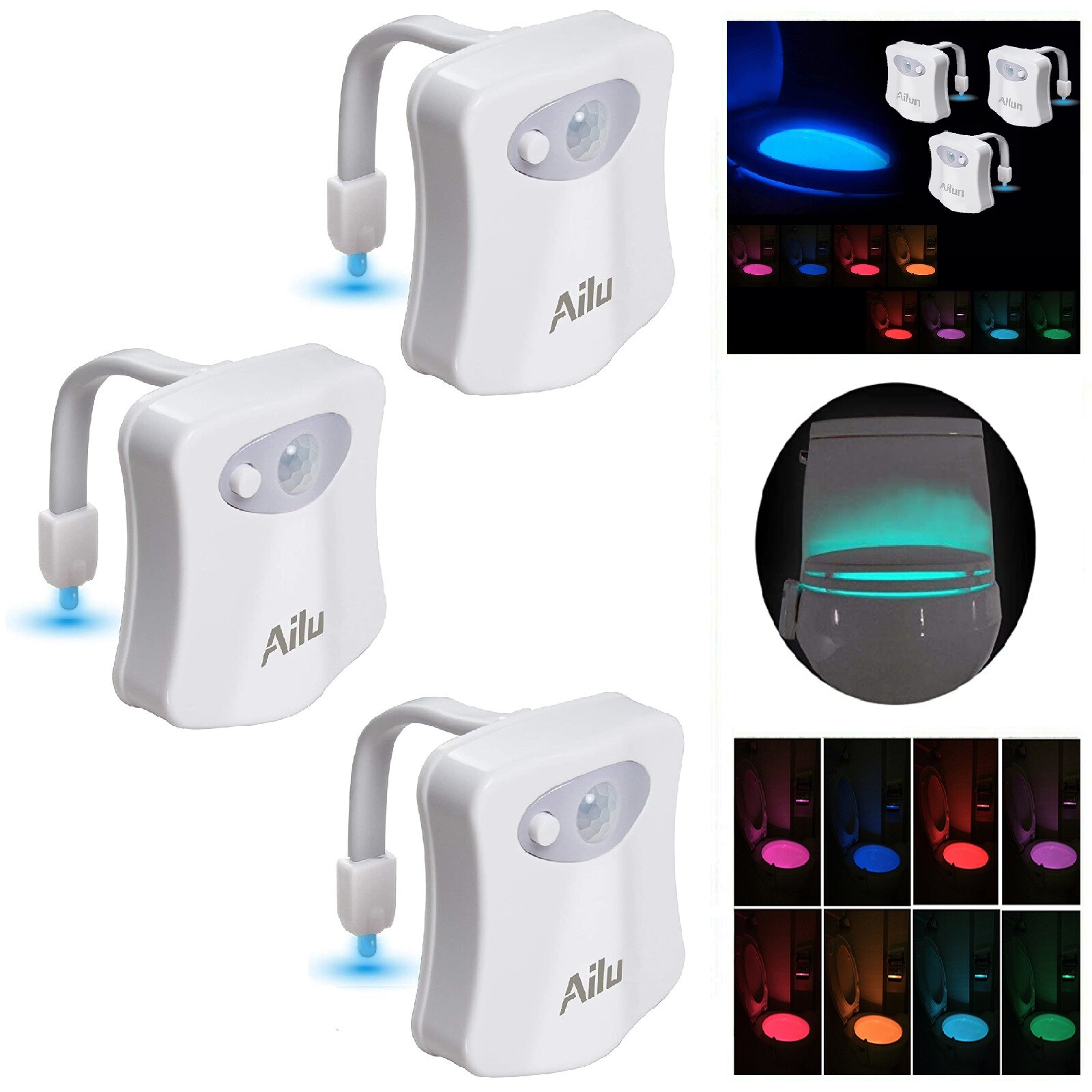 3 Pack Toilet Night Light Motion Sensor Activated LED Light 8 Colors Changing
