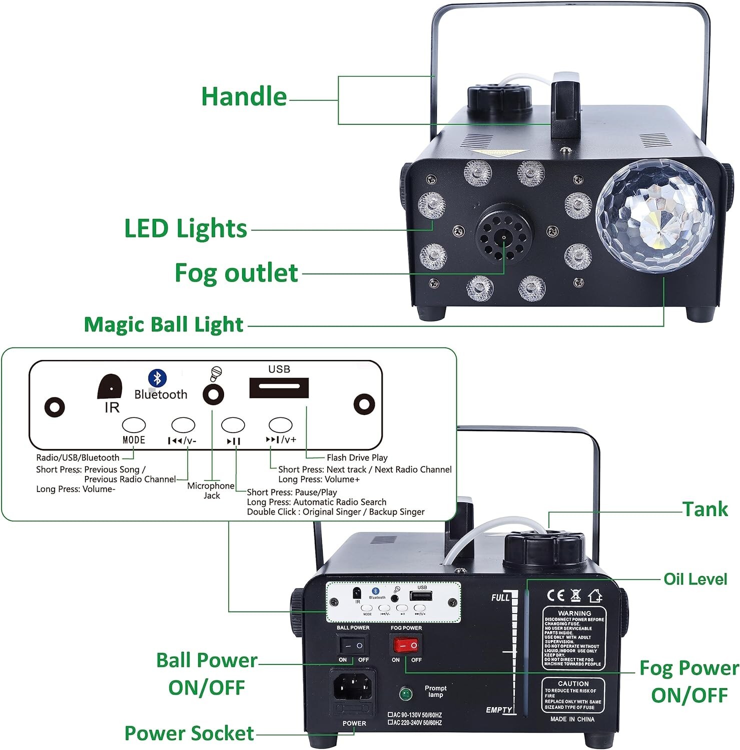 Fog Machine with 8 LED Lights and Disco Ball, Wireless Remote Control Bluetooth