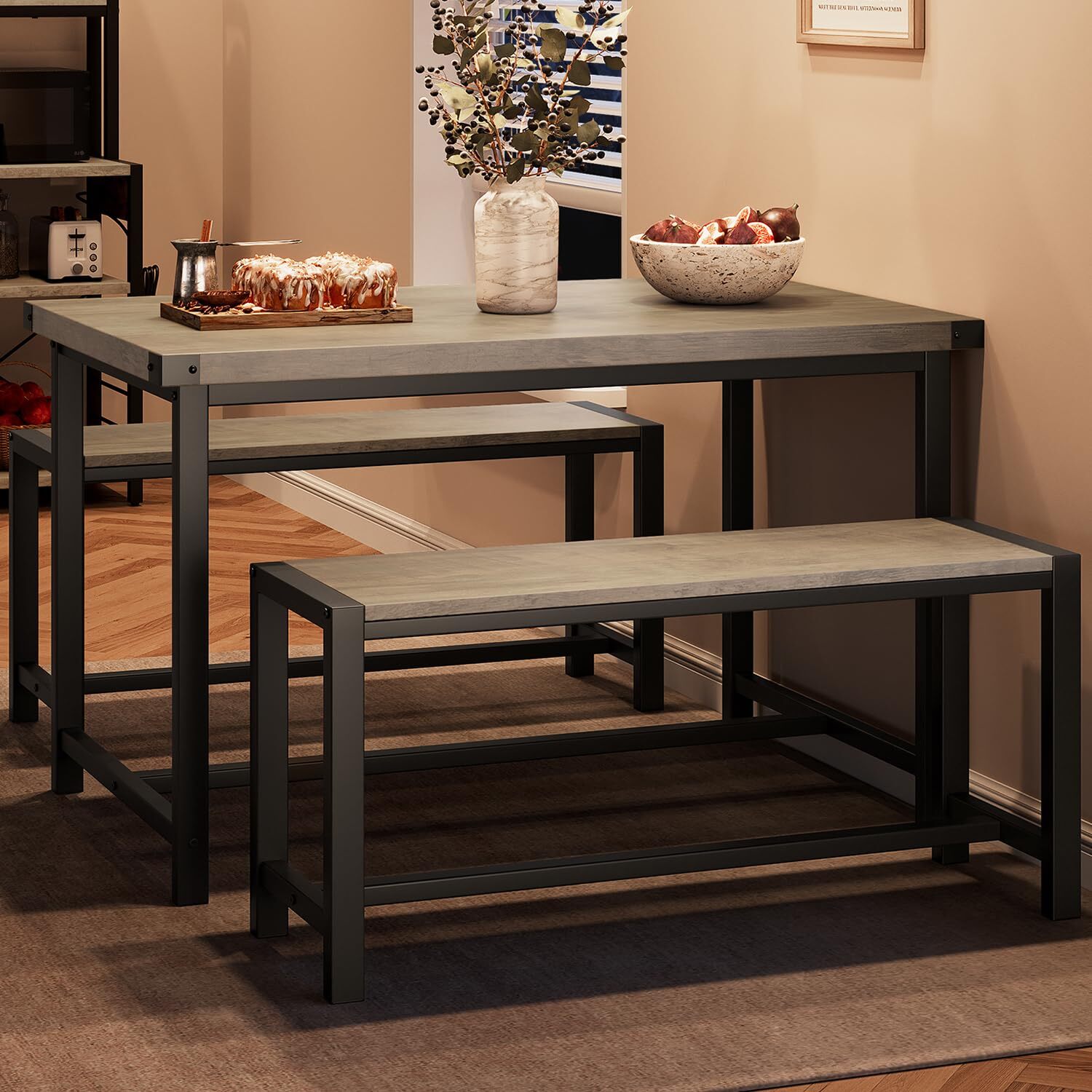 Dining Table Set for 4 Dinette Home Rectangular Kitchen Table and 2 Benches Grey