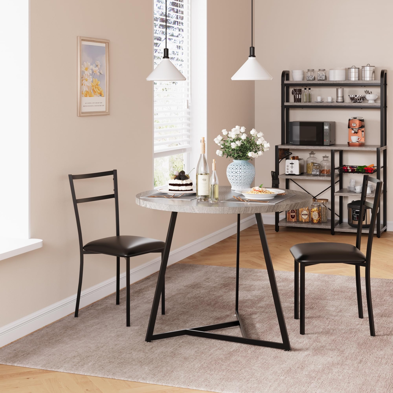 Round Dining Table Set for 2, Kitchen Table with 2 Upholstered Chairs for Small