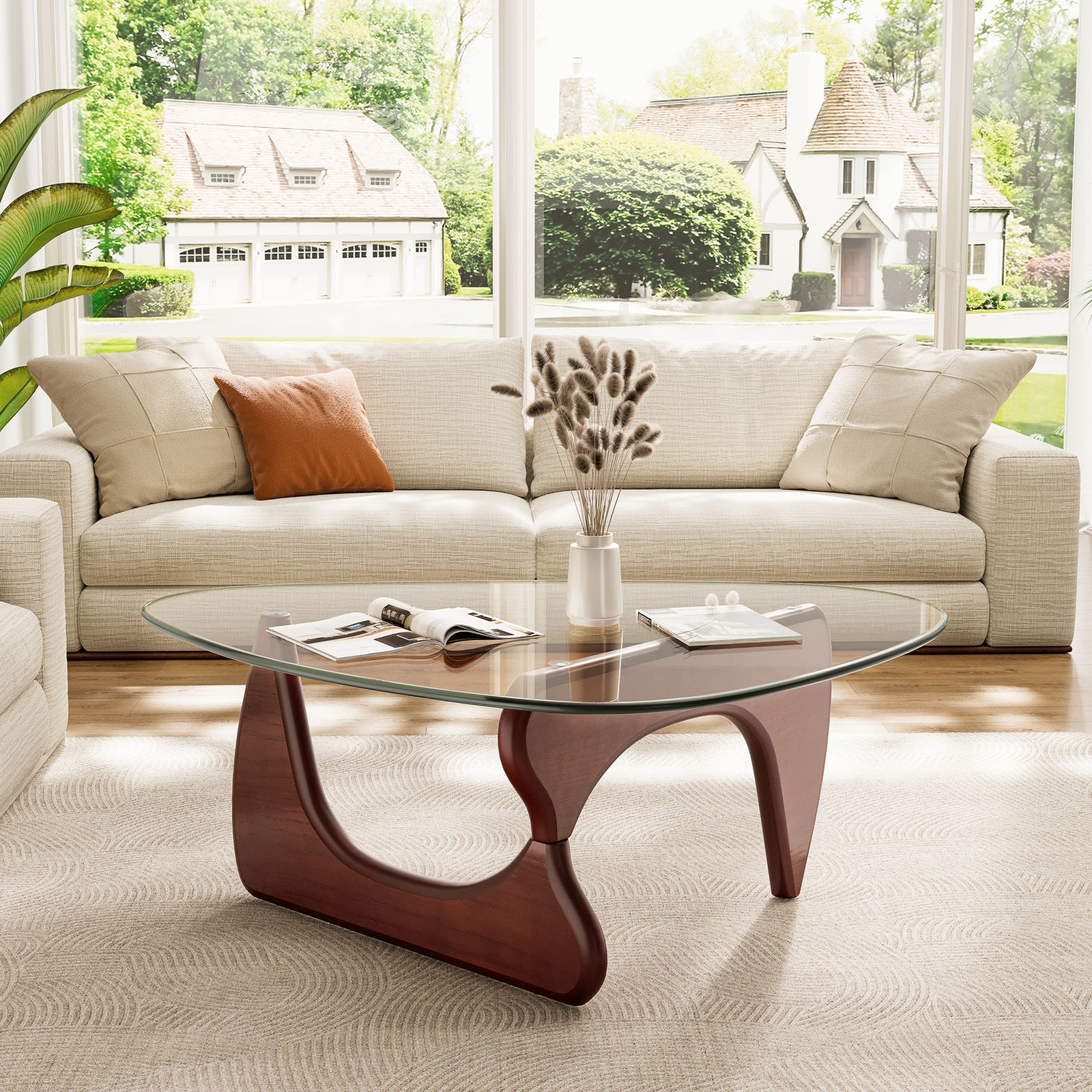 Used Noguchi Style Coffee Table Triangle Glass Top Premium Solid Hardwood Base