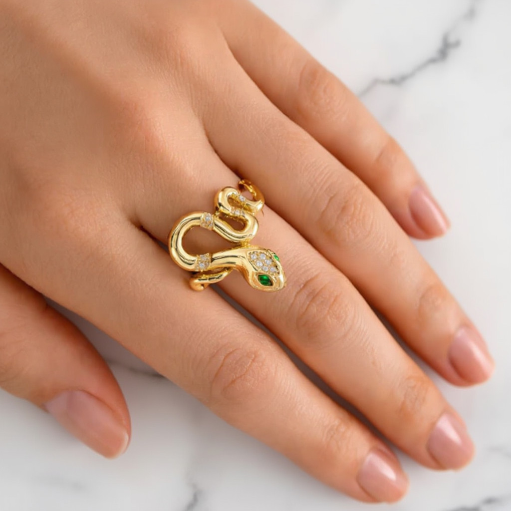 Gold-Tone Snake Ring Women CZ Emerald Eyes Adjustable Statement Cocktail Gift