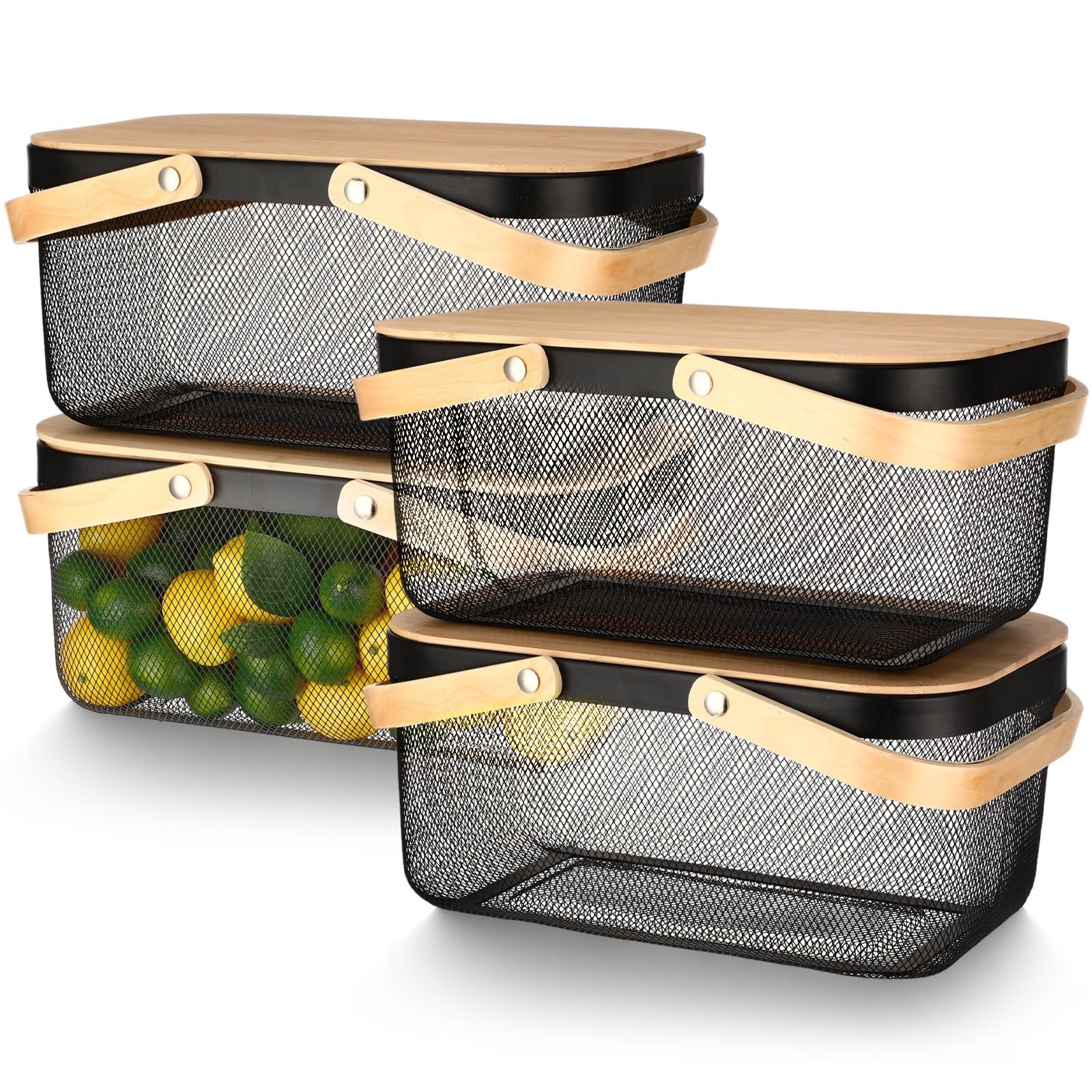4 Pcs Harvest Basket Garden Metal Mesh Picnic Baskets with Wooden Handle and ...