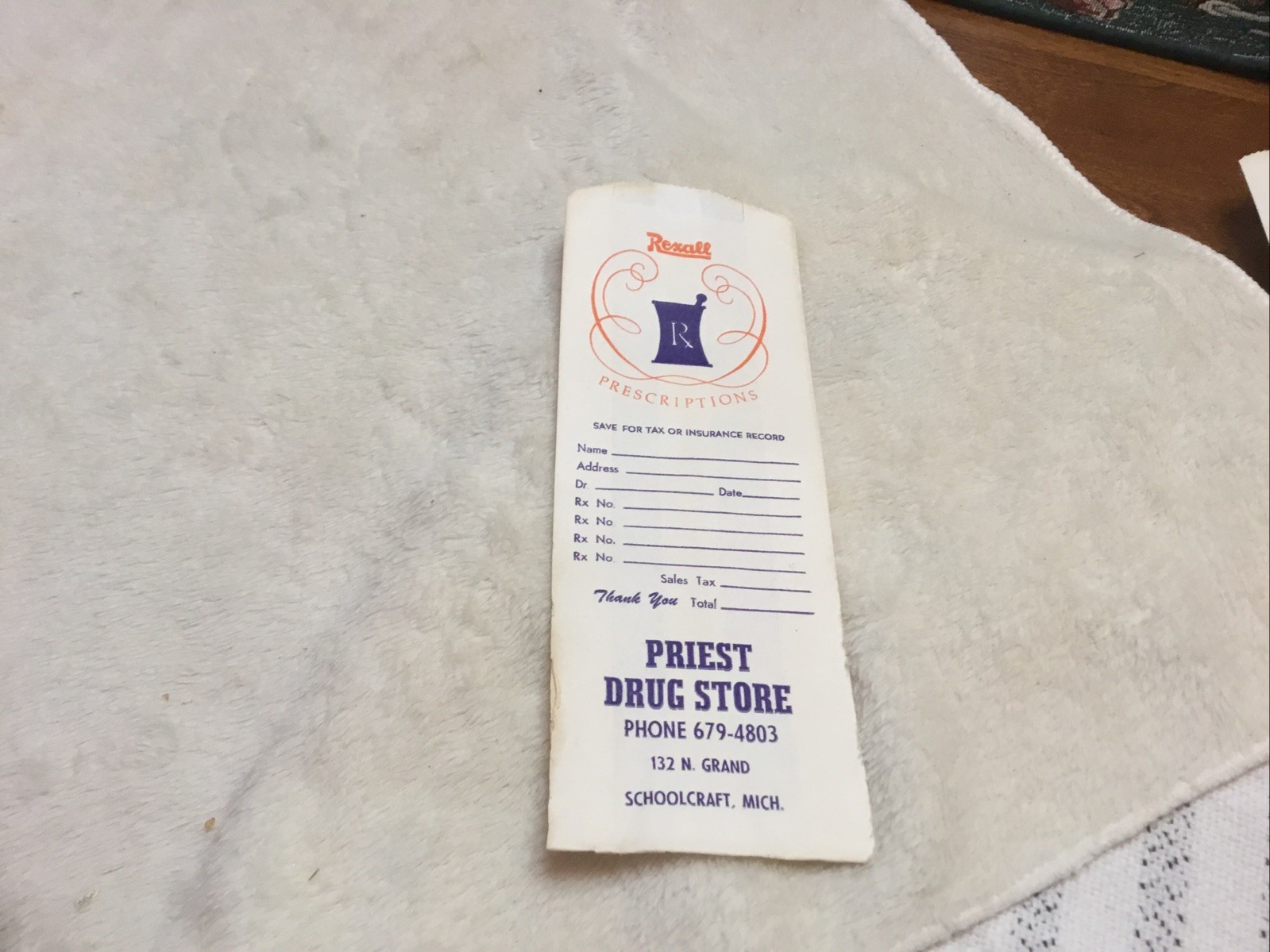 VINTAGE REXALL DRUG PRESCRIPTION BAG SCHOOLCRAFT, MICHIGAN