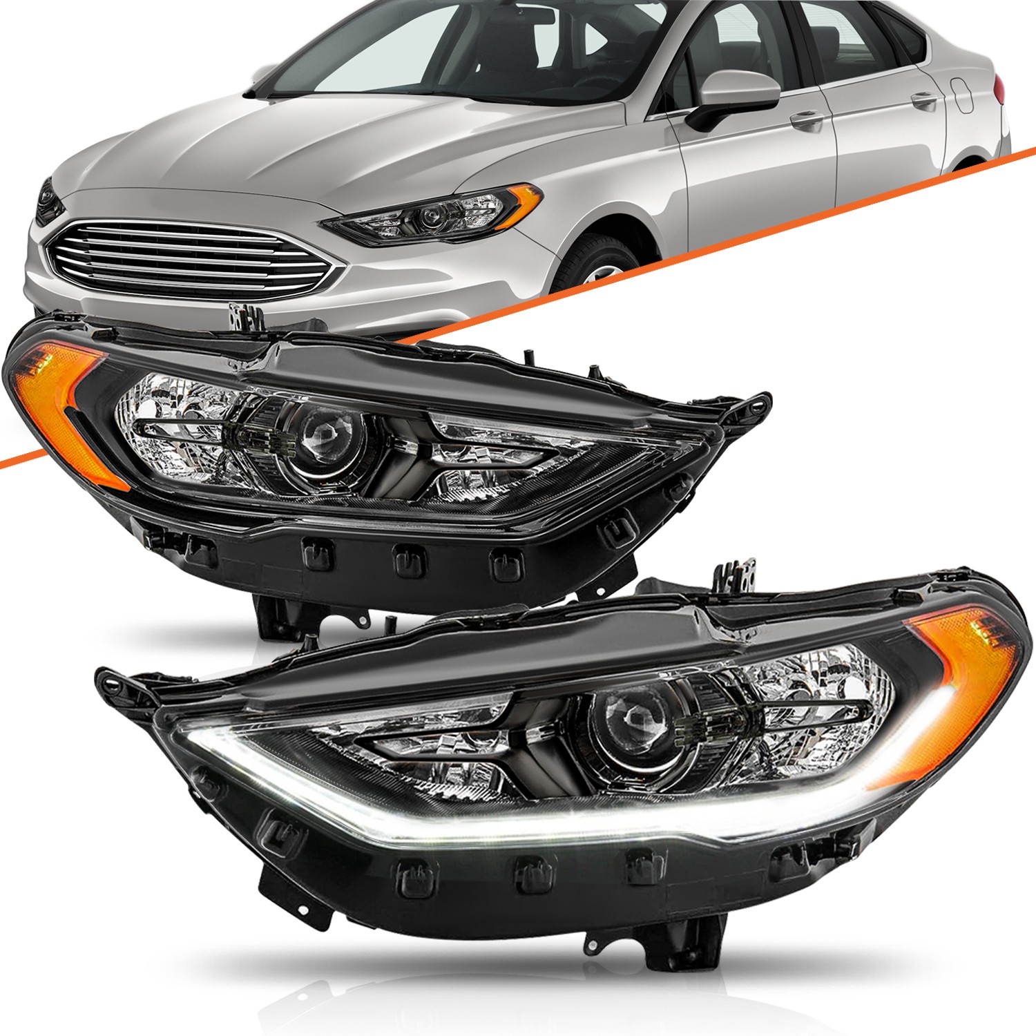 Pair DRL Headlights Assembly For 2017-2020 Ford Fusion Black Housing w/Projector