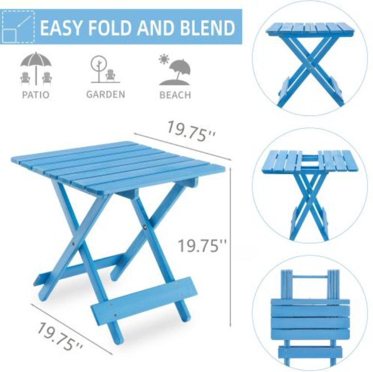 Folding Solid Wood Patio Table Portable Outdoor Square Table Blue Balcony Yard