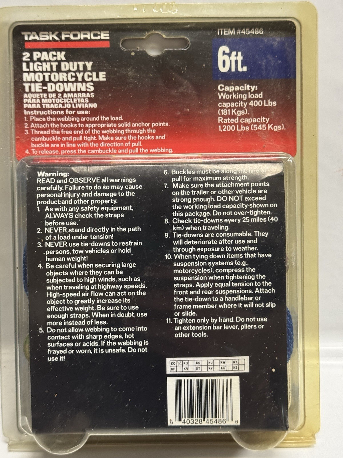 Task Force 2Pack Light Duty Motorcycle Tie-down Straps 6ft 400lb 1200lb Capacity