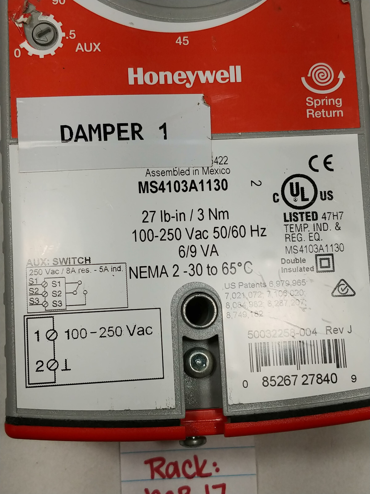 Honeywell MS4103A1130 Spring Return Damper Actuator