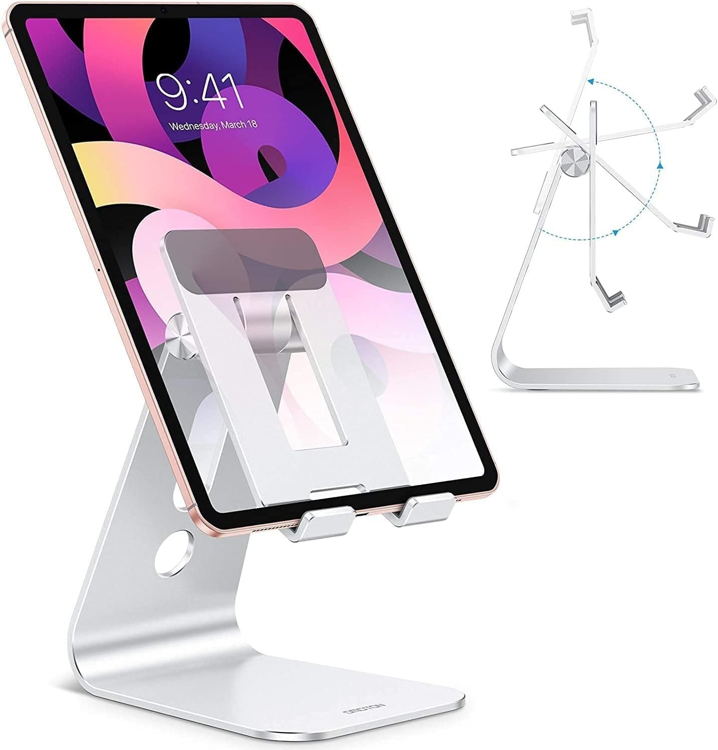 Adjustable Tablet Stand for Desk with Hollow Design & Enhanced Stability, Silver