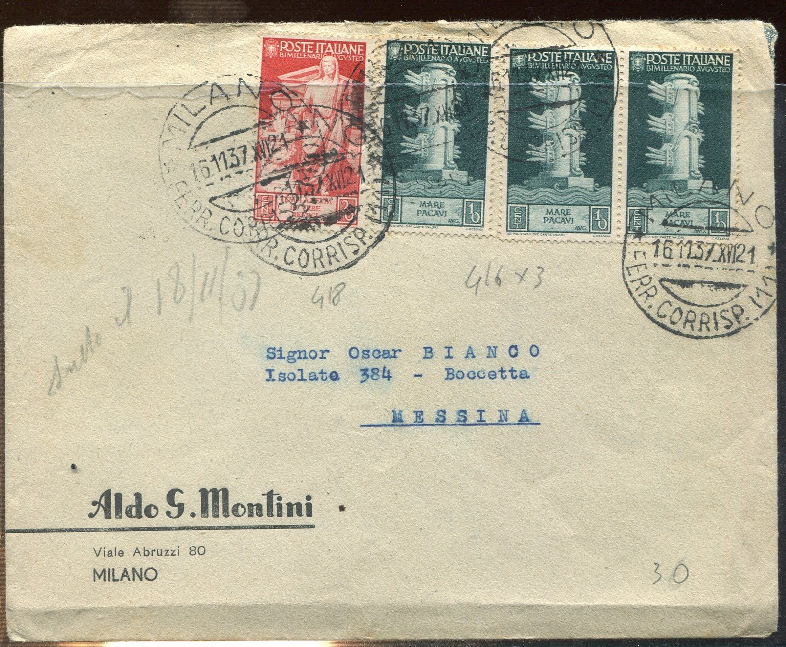 1937 Italia lettera con Augusto c.10 x 3 + c.20 per Messina