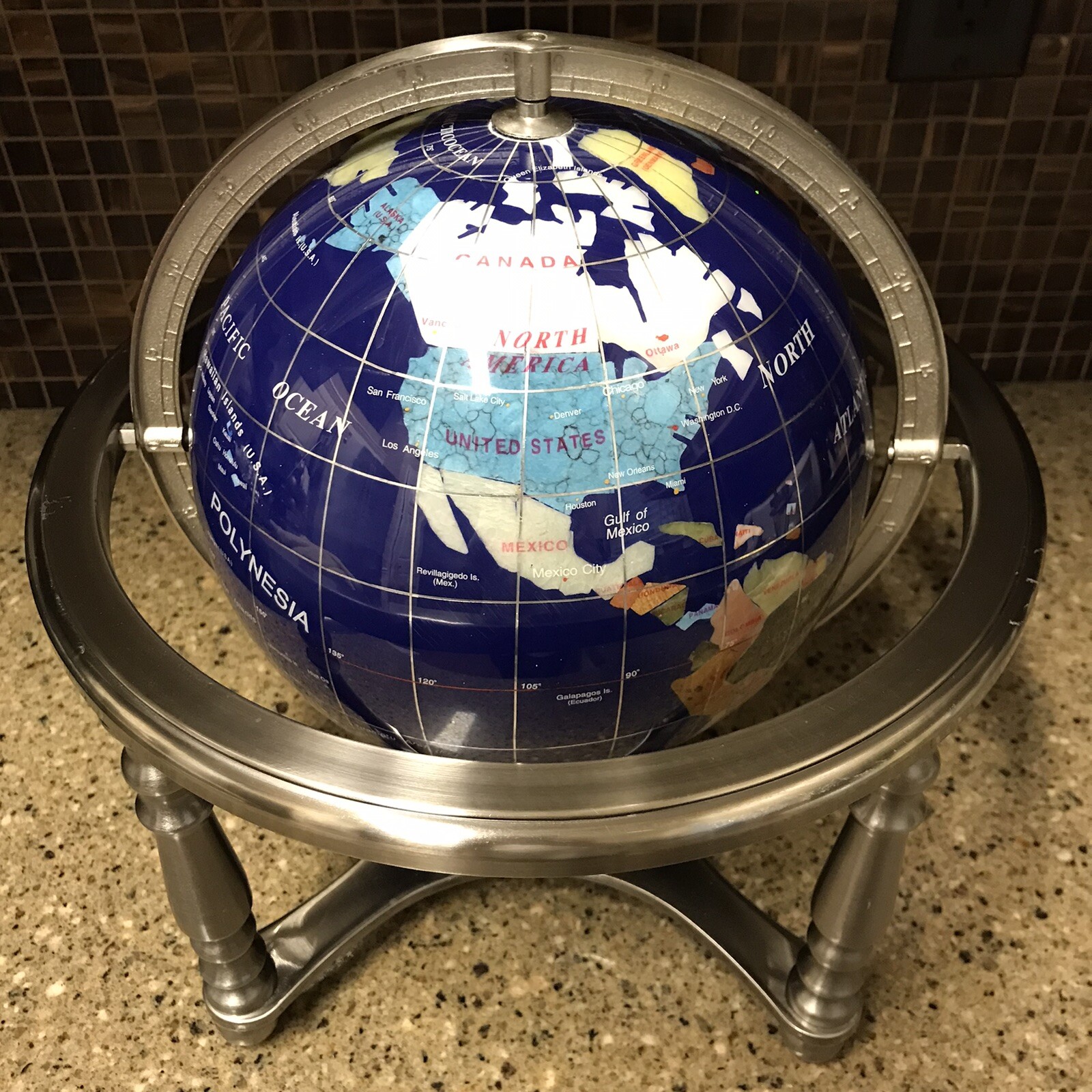 Lapis Blue Gemstone Tabletop World Globe w/ Compass: 4 Leg Silver Tone Stand