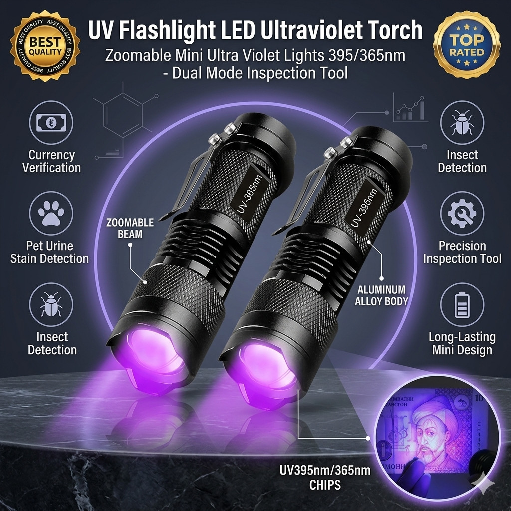 UV Flashlight LED Ultraviolet Torch 365nm 395nm Dual Light – Zoomable Mini Black