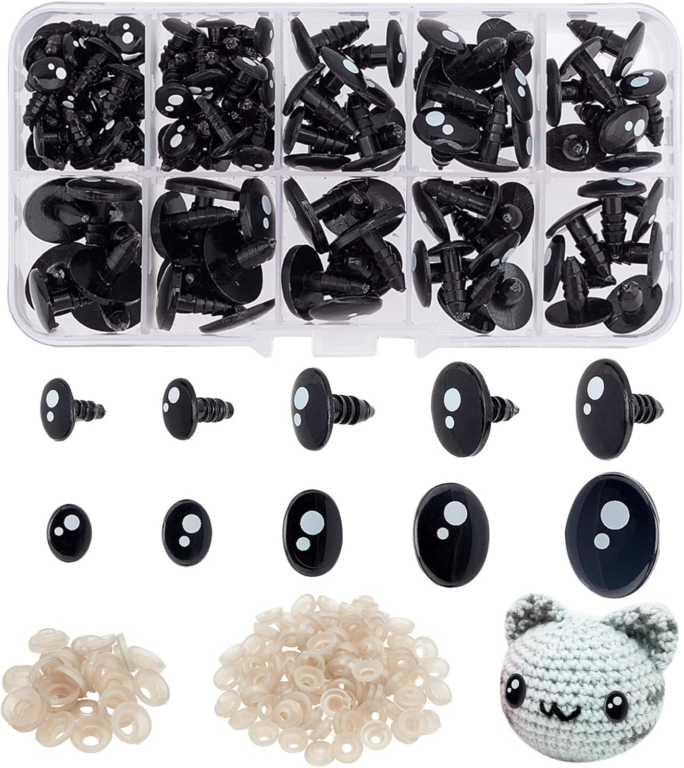 200pcs Kawaii Safety Eyes, 5 Sizes Craft Eyes Black Stuffed Animal Eyes Kawaii E
