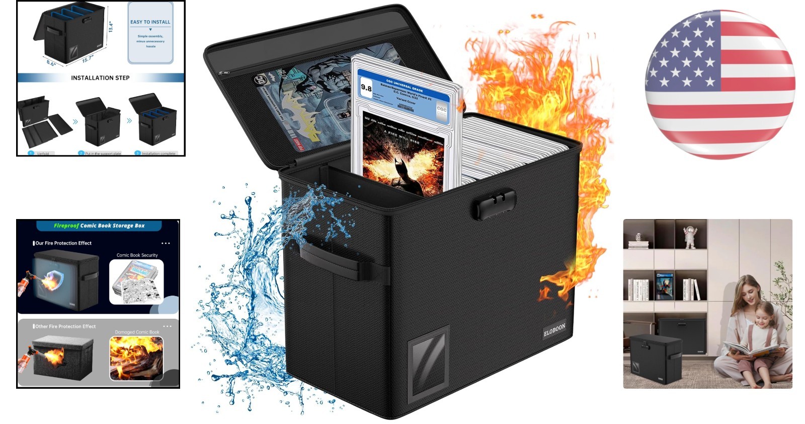 Elegant Fireproof Comic Book Storage for 30 Comics - Water Resistant & Stackable