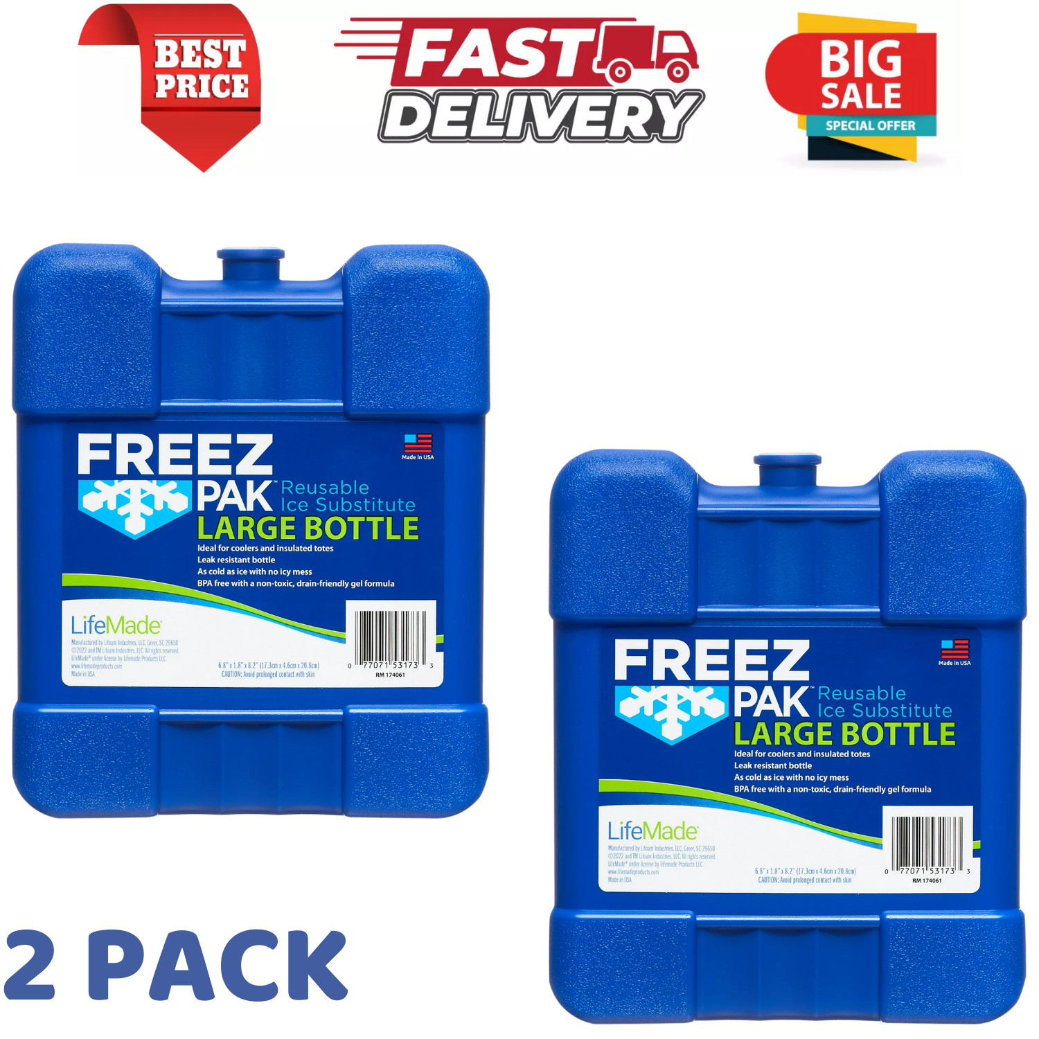Freez Pak LARGE Icicle Reusable Camping/Cooler Ice Pack Substitute Blue, 2 Pack