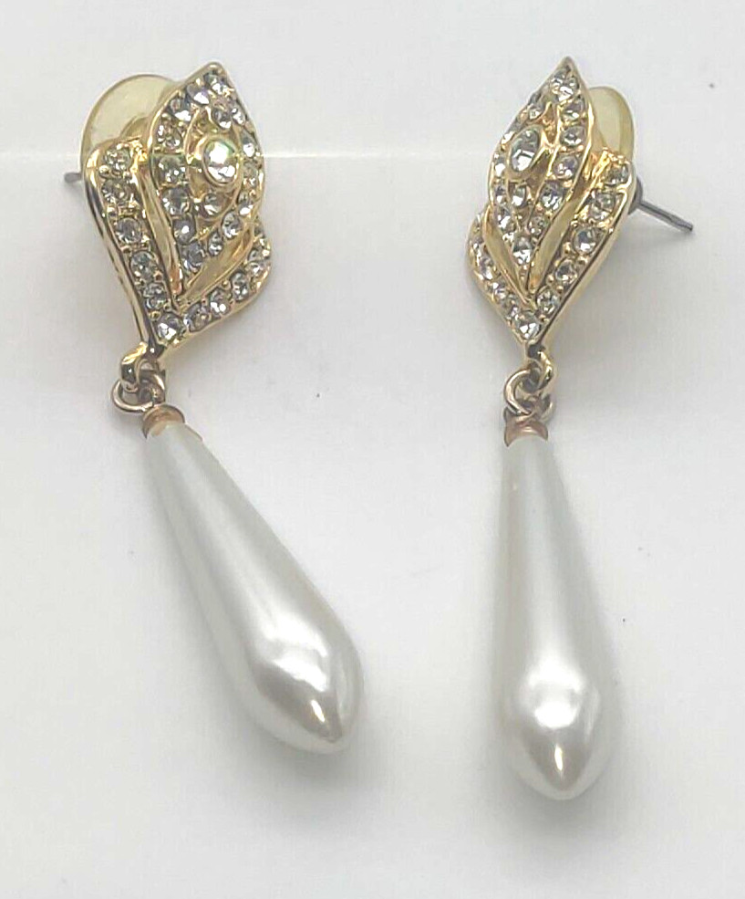 Vtg Unsigned Goldtone Rhinestone Pearl Drop Dangle Earrings Pierced