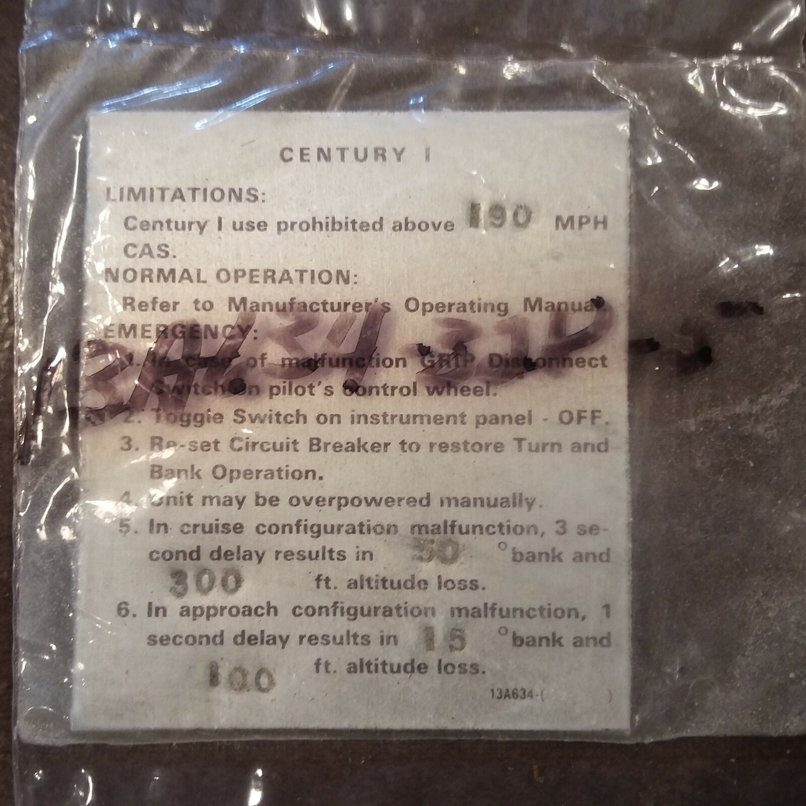 Century I "Normal Operation" Instrument Panel Placard. New