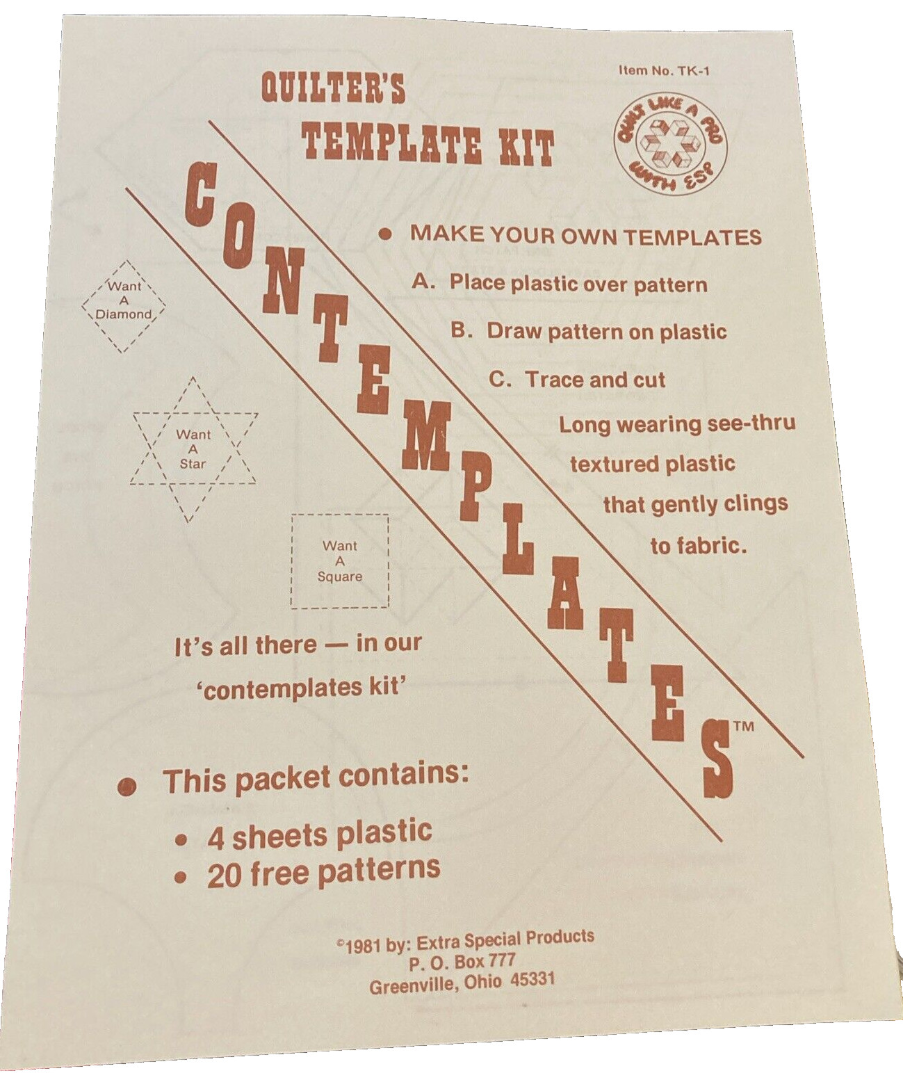 Vtg Rare Contemplates Quilter's Template 1981 Kit #TK-1