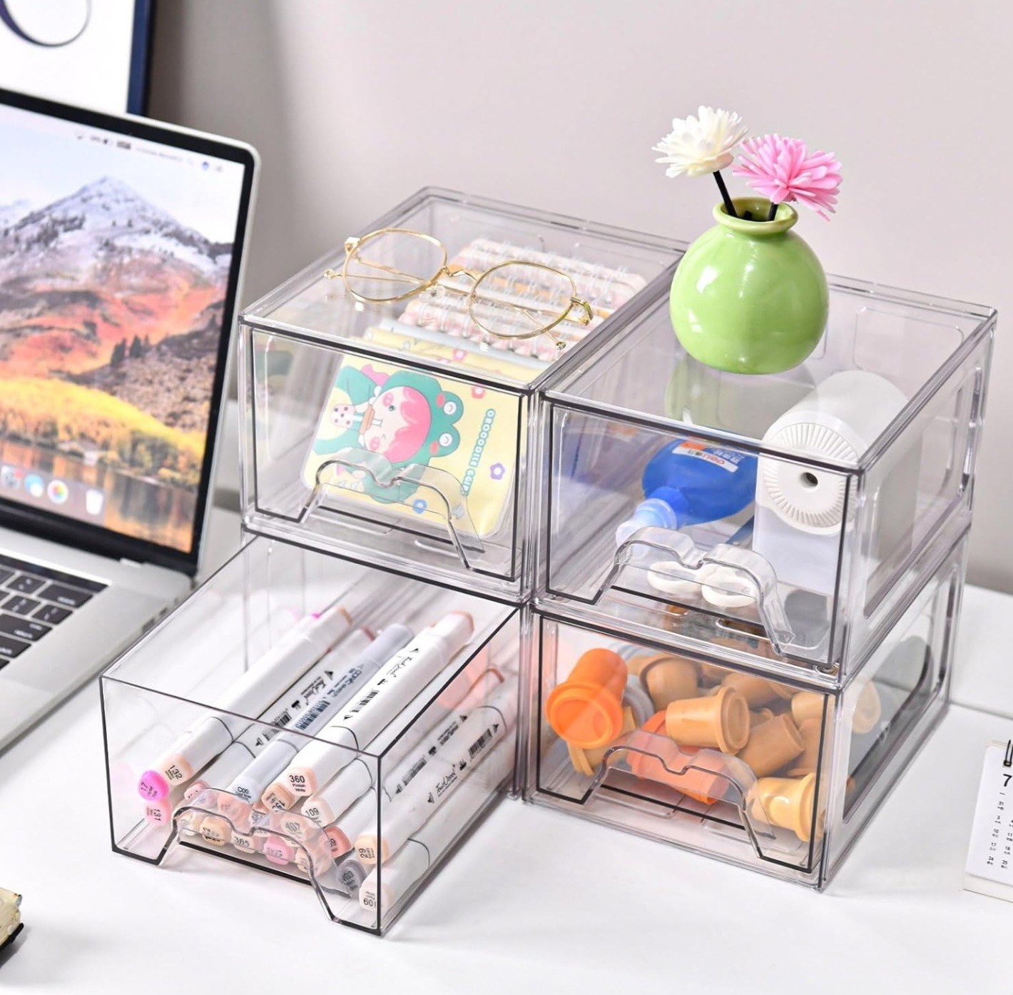 Clear Stackable Plastic Drawer Storage Boxes Set of 6, Anti-Slip, Modern
