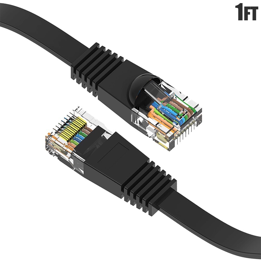 1FT Flat Cat6 RJ45 Network LAN Ethernet Patch Cable Slim Copper Wire 32AWG Black