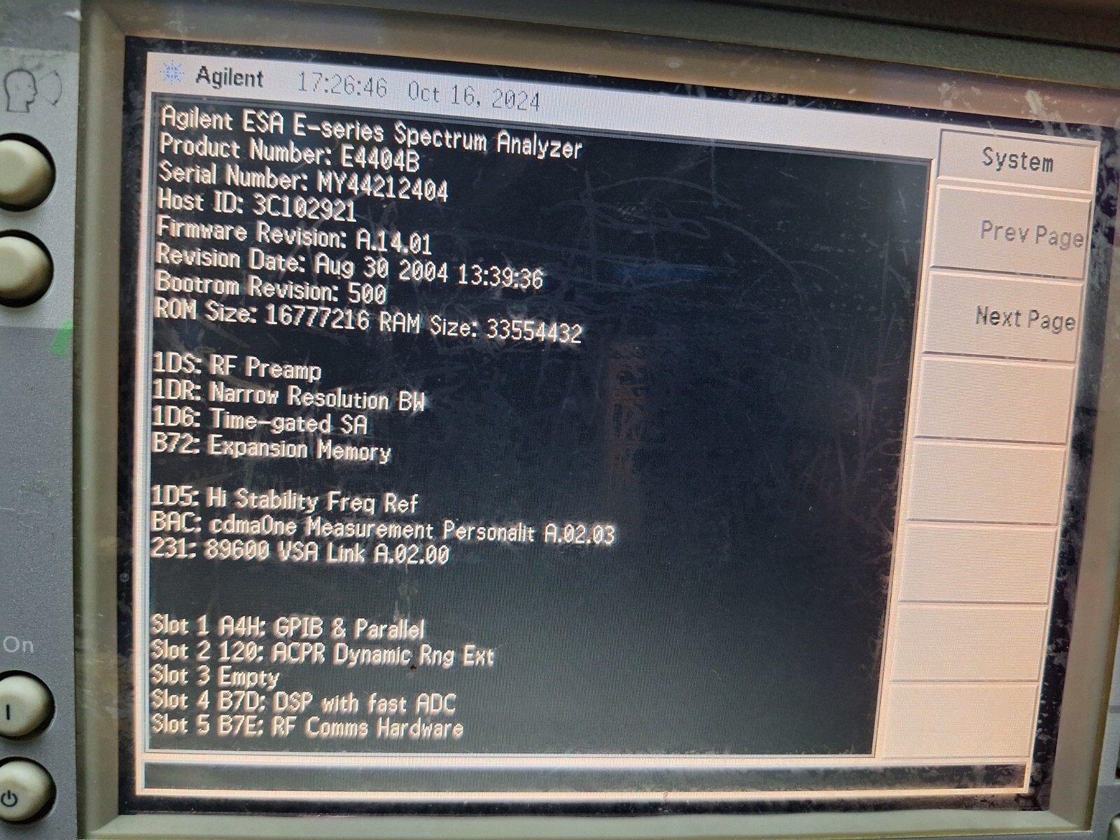 Agilent E4404B : Spectrum Analyzer w/Opt. 1DS 1DR 1D6 B72 1D5 BAC 231... (2404)