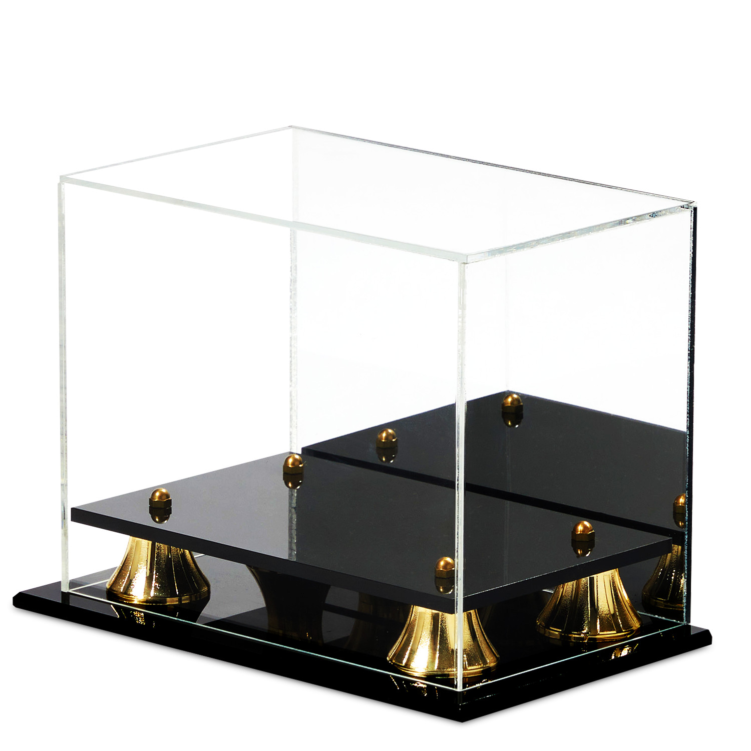Mini Helmet Display Case Acrylic w/ Black Acrylic Base Gold Risers & Mirror Back