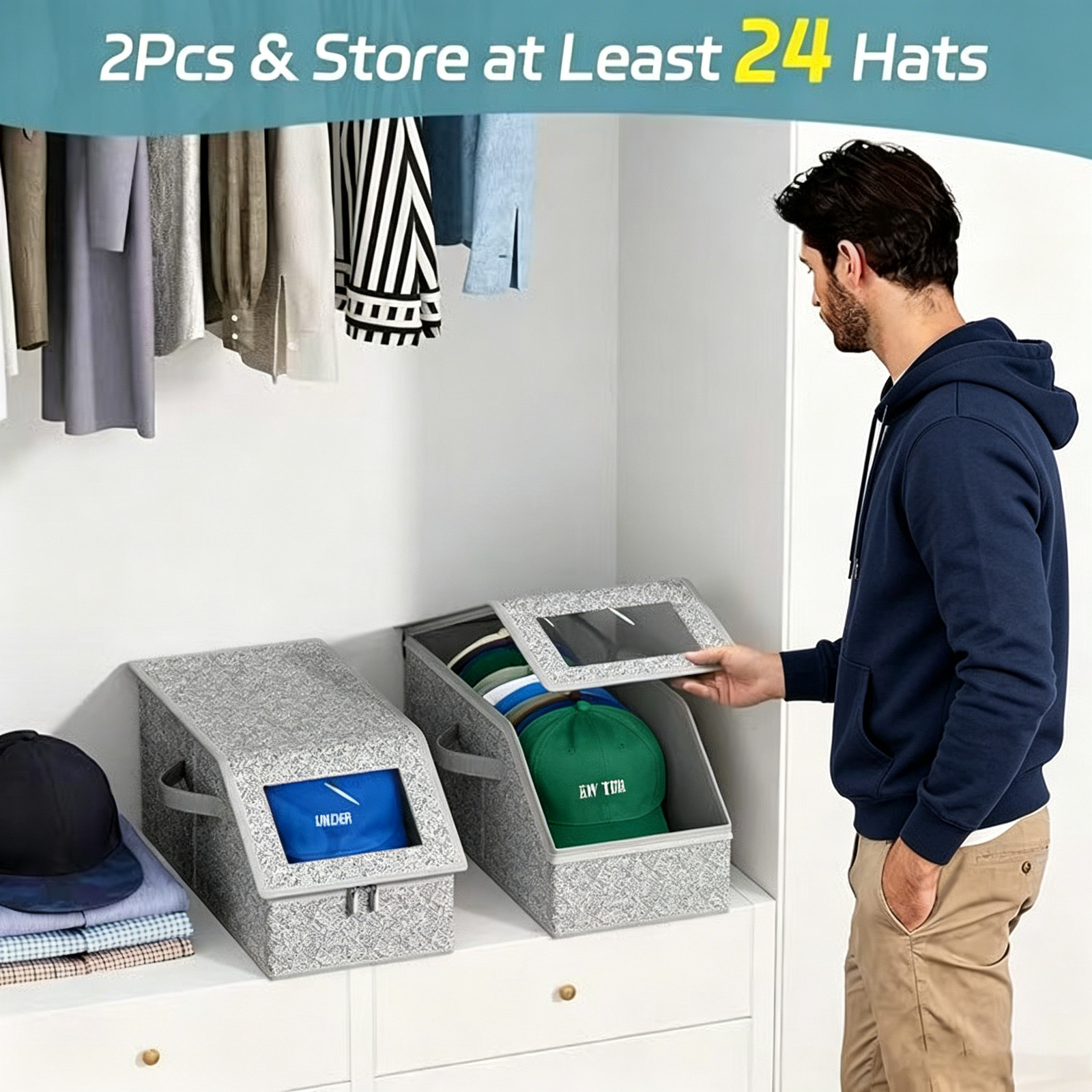 2 Pcs Stackable Hat Storage for Baseball Caps, Holds up to 24 Caps Hat Organizer