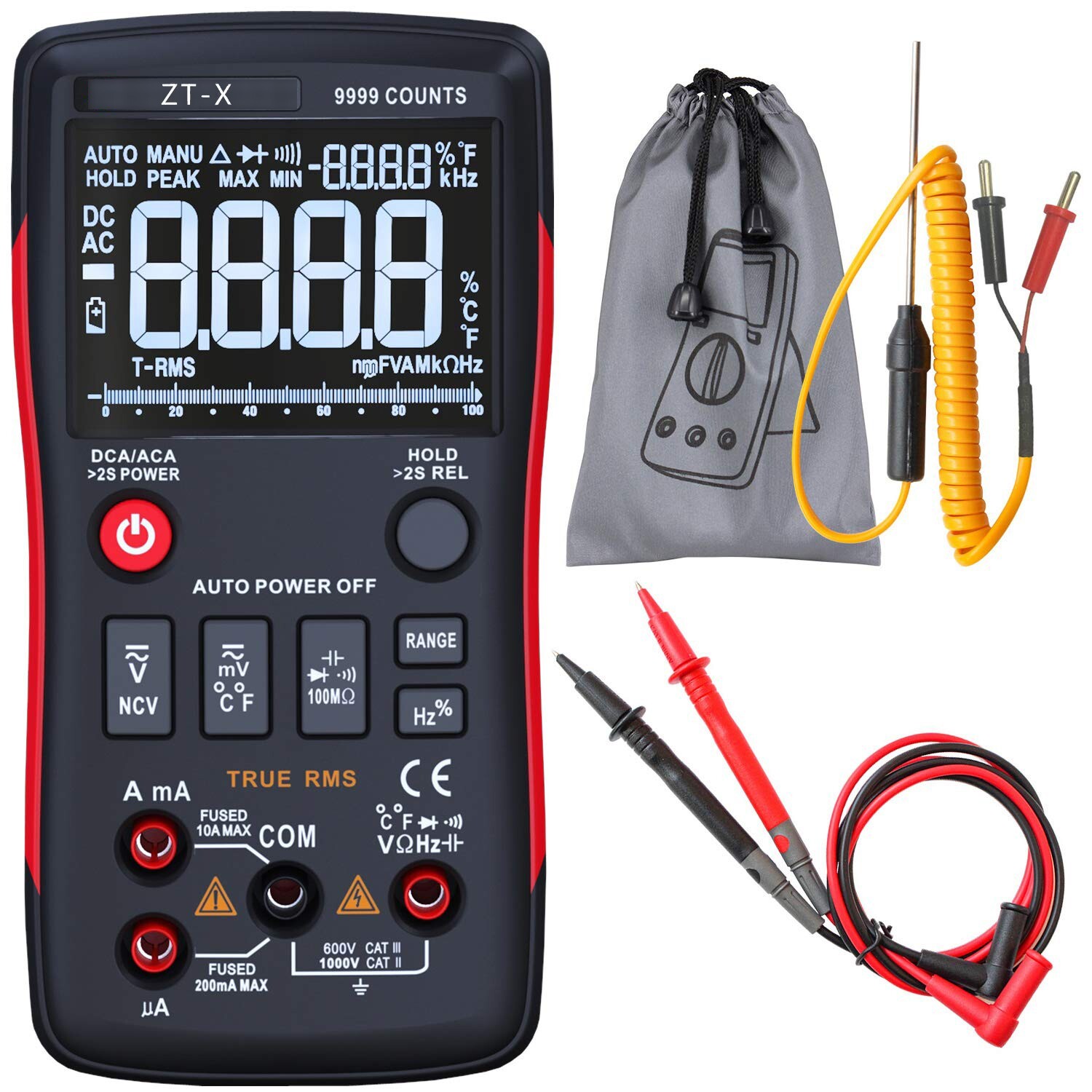 Button Operated Digital Multimeter w/ NCV, True RMS, 9999 Counts, Backlit LCD