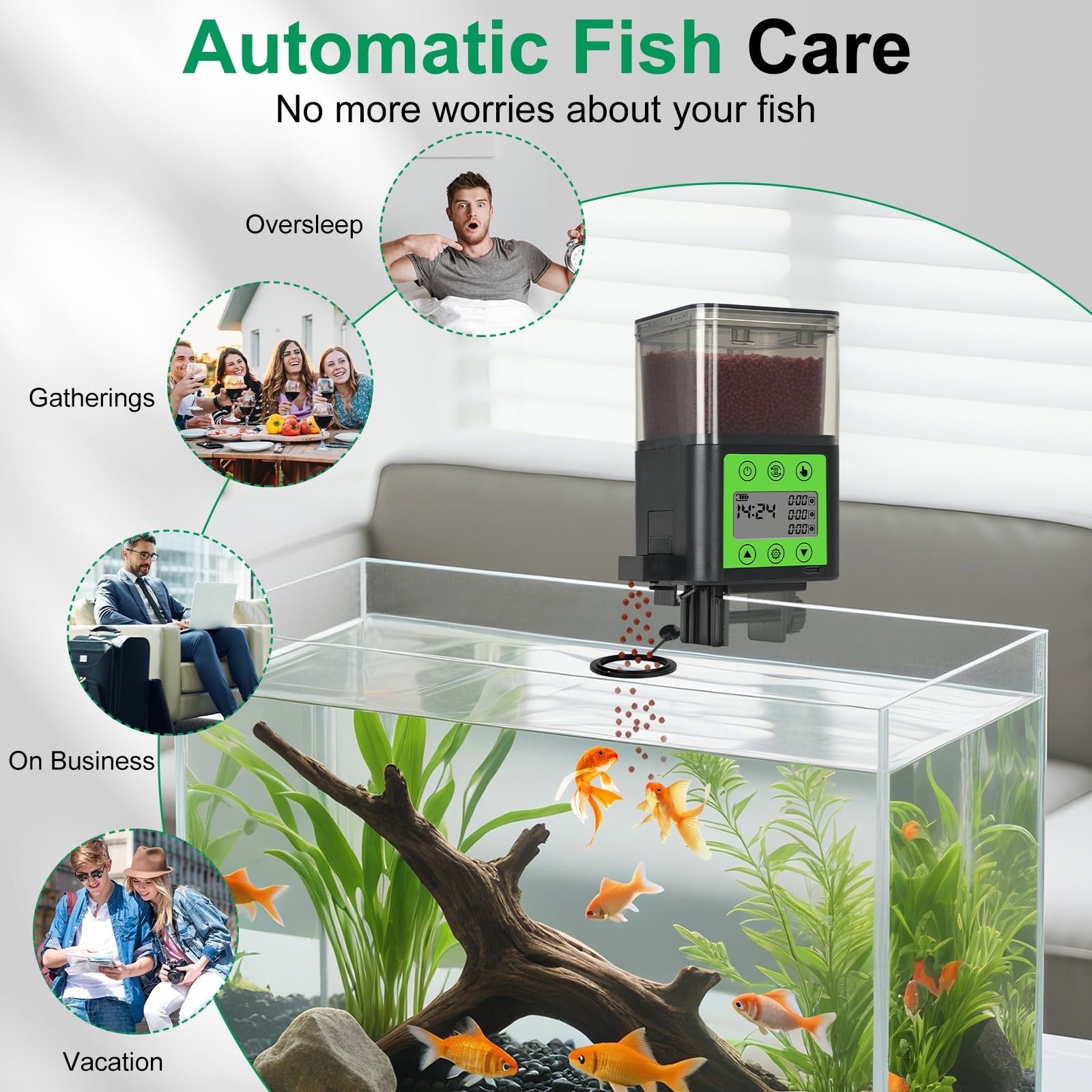 Lychee Automatic Fish Feeder - USB Rechargeable 320ML Large 320ml, Black