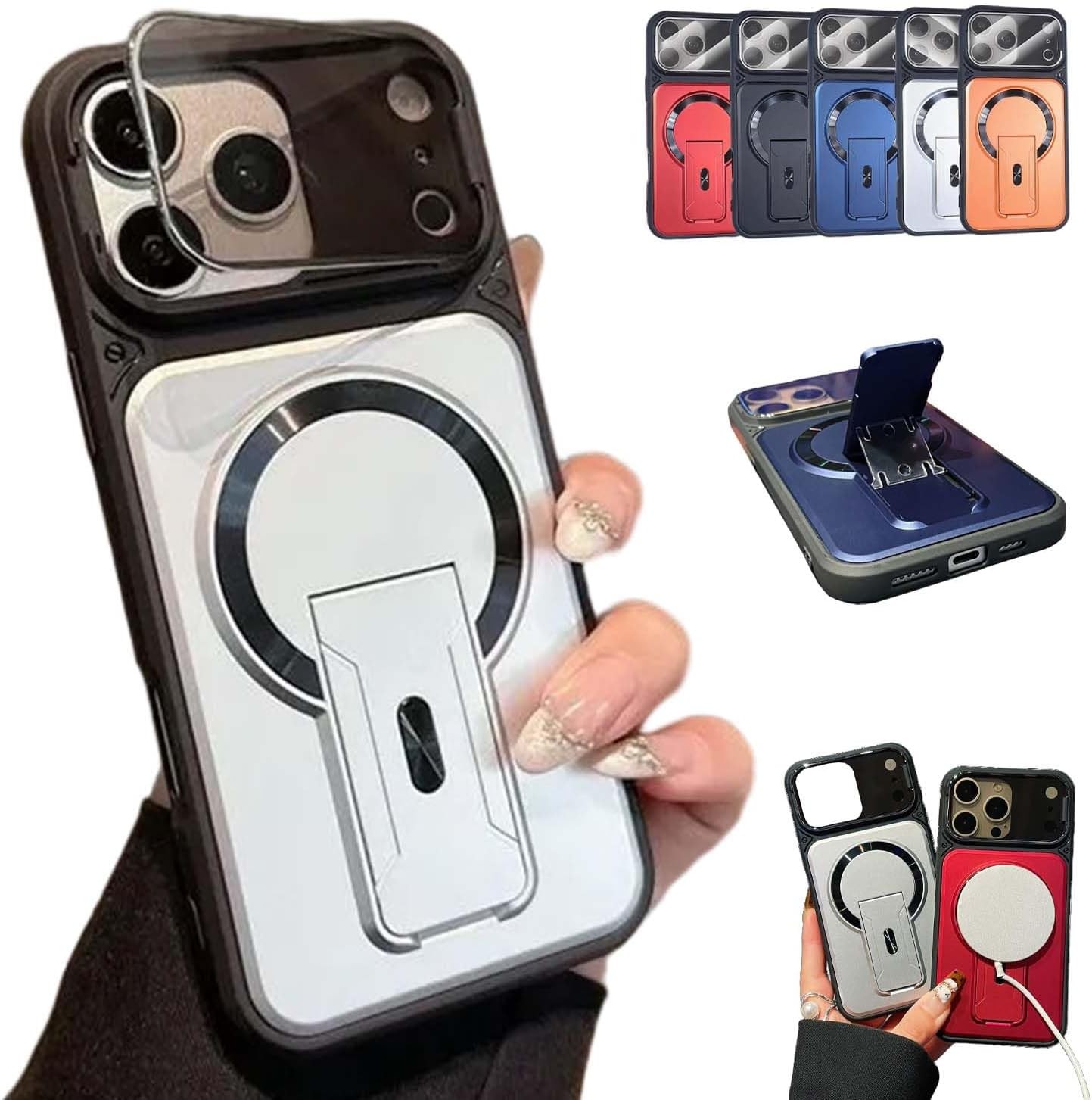 Magnetic Case with Camera Lens Cover & Invisible Stand for iPhone 17/16/15