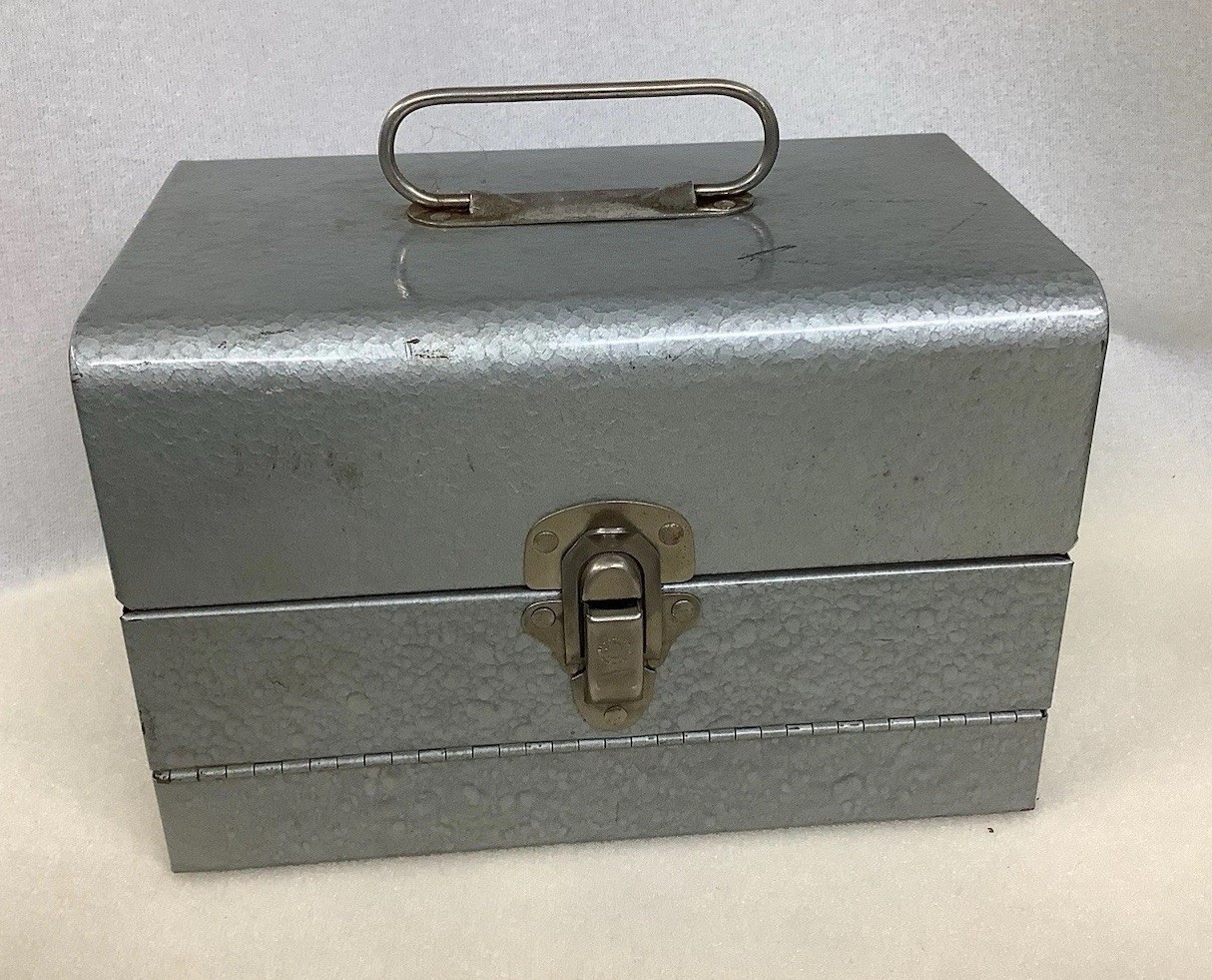 Vintage Industrial Mid Century Steel Logan Deluxe 8MM Film Chest Carrying Case