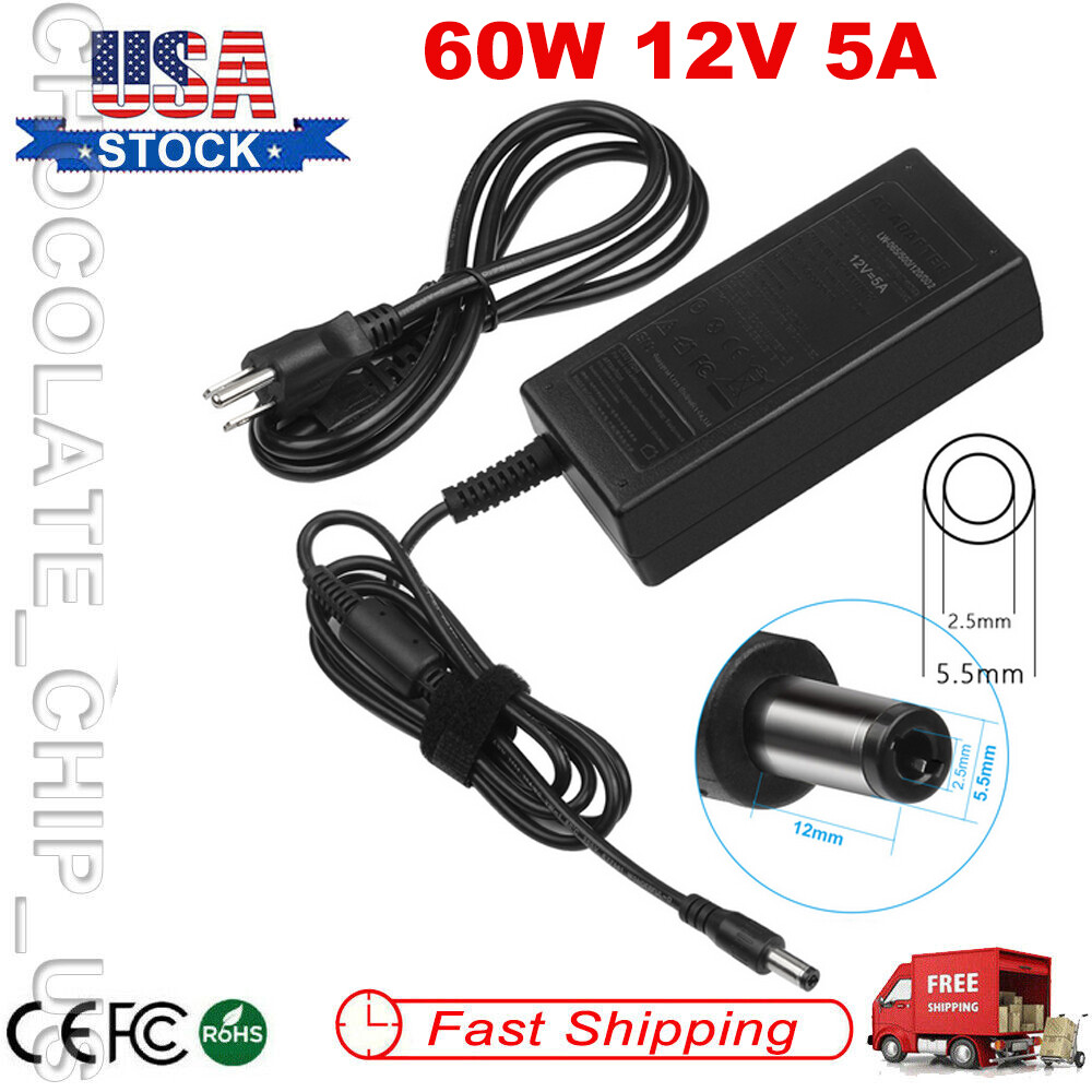 12V 5A AC Adapter For Viewsonic ADPC1260AB LCD Monitor Charger Power Supply Cord