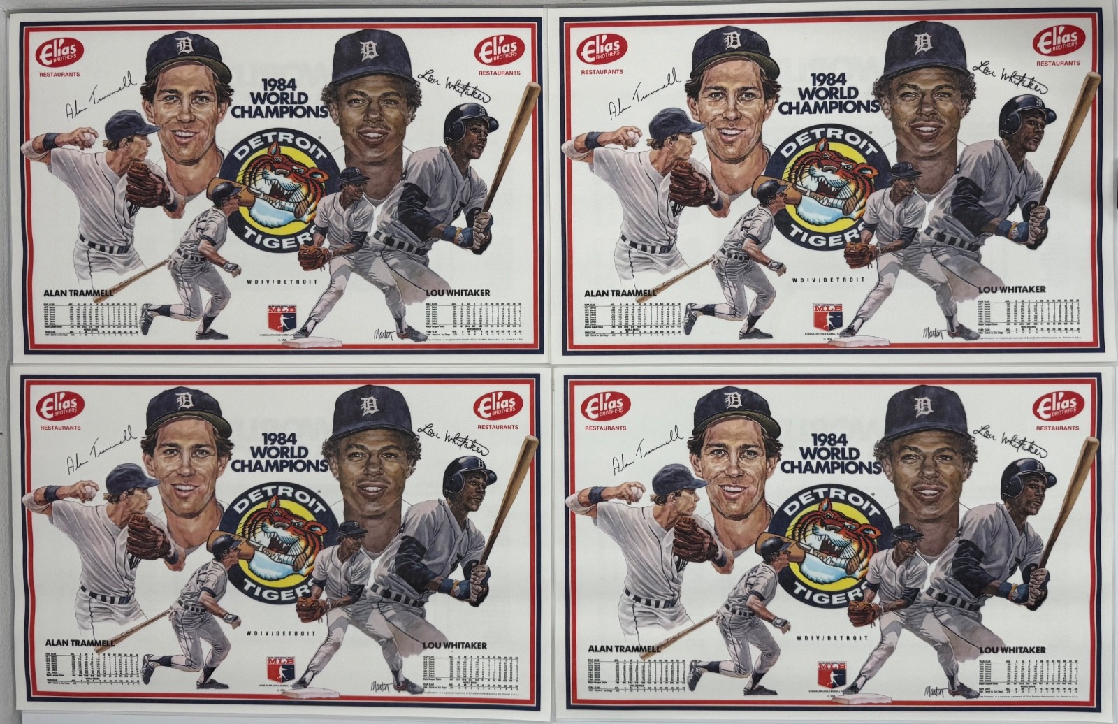 (4) 1984 Detroit Tigers World Champions Placemats Elias Brothers Trammell Lou