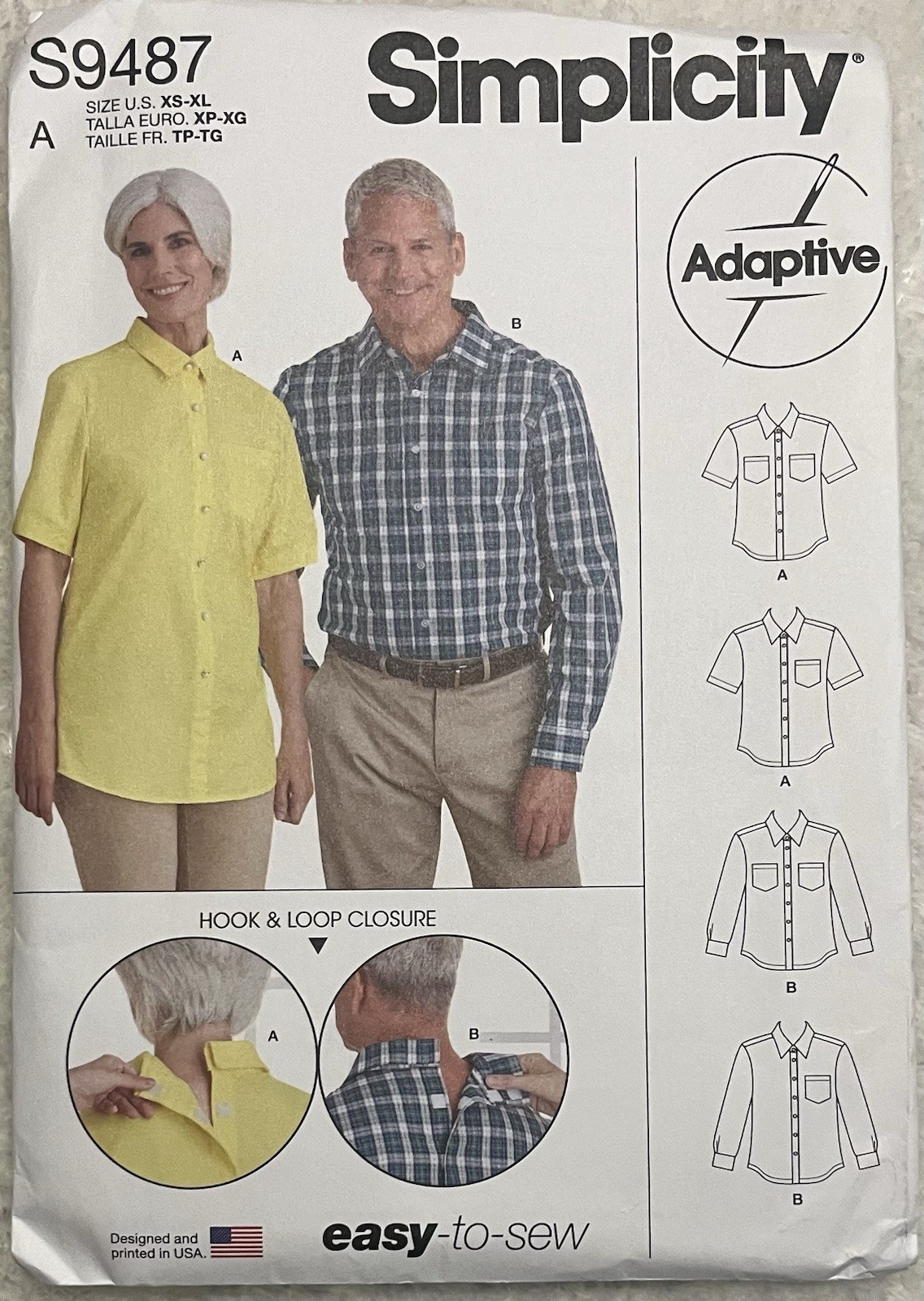 Simplicity 9487 Unisex Adaptive Shirt XS-XL NEW UNCUT