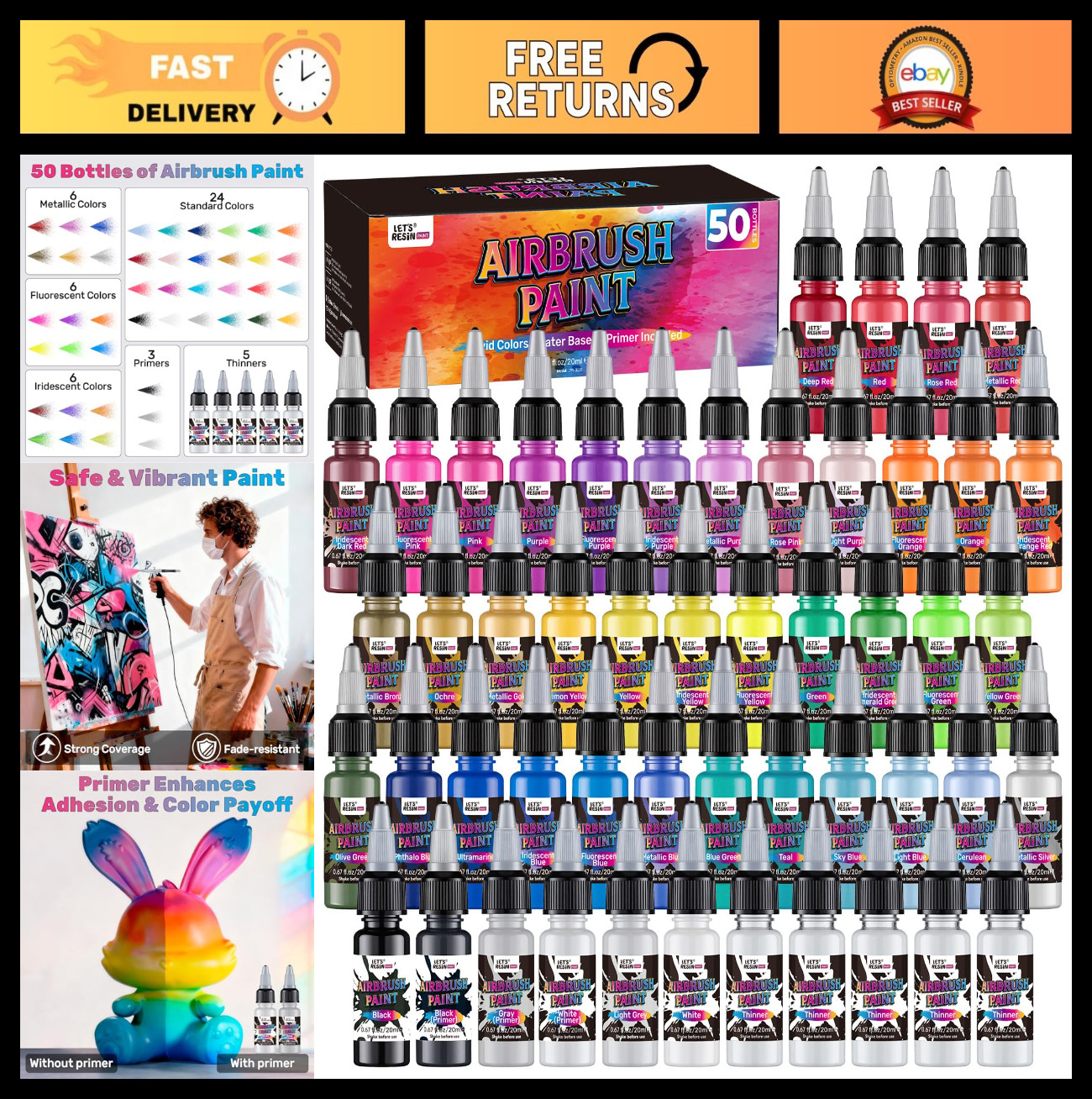 42 Color Airbrush Paint Set - Water-Based Opaque, Neon & Iridescent Acrylics + P