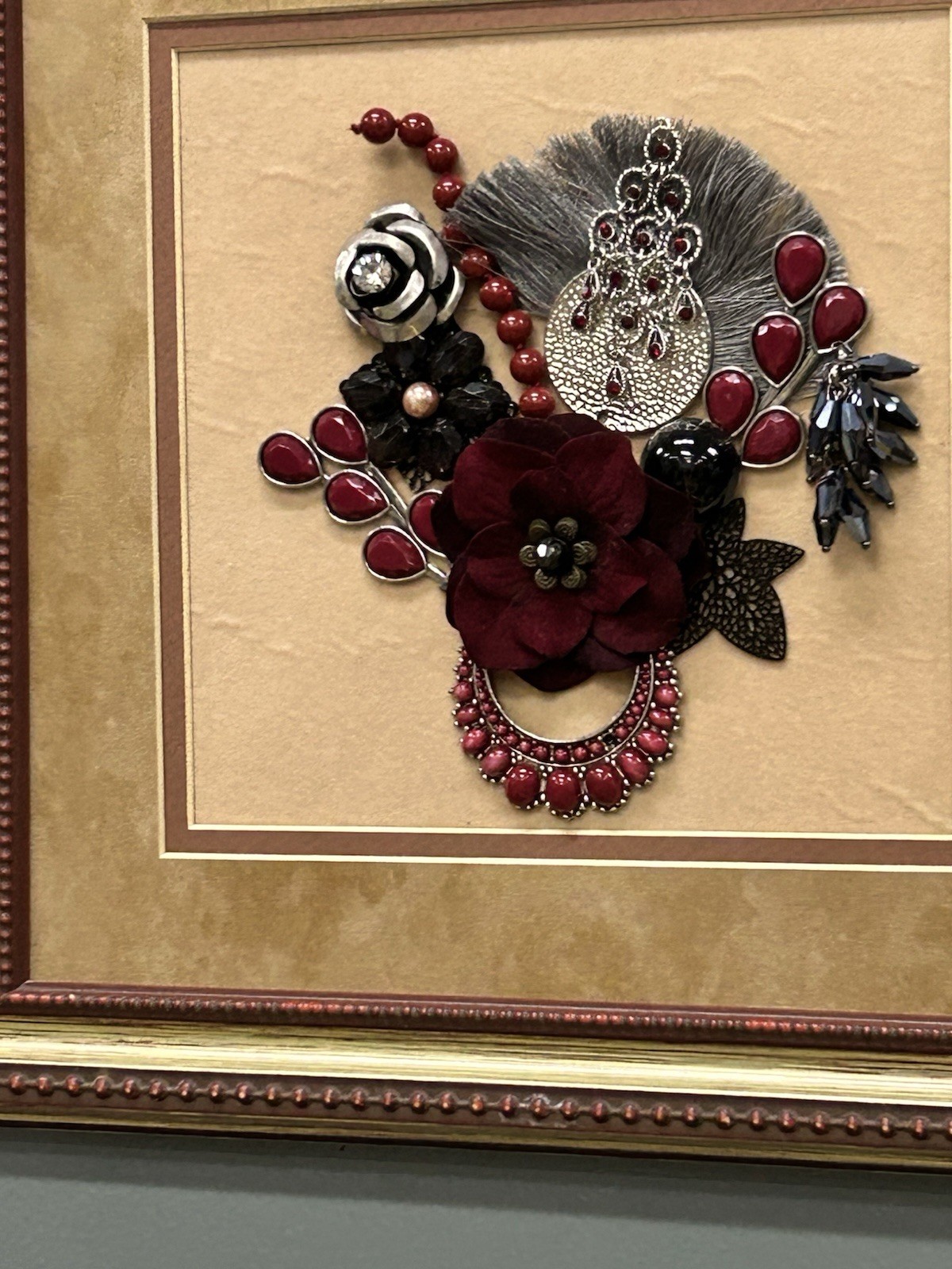 OOAK Framed Jewlery Art Floral Design Burgundy Red And Beige Color
