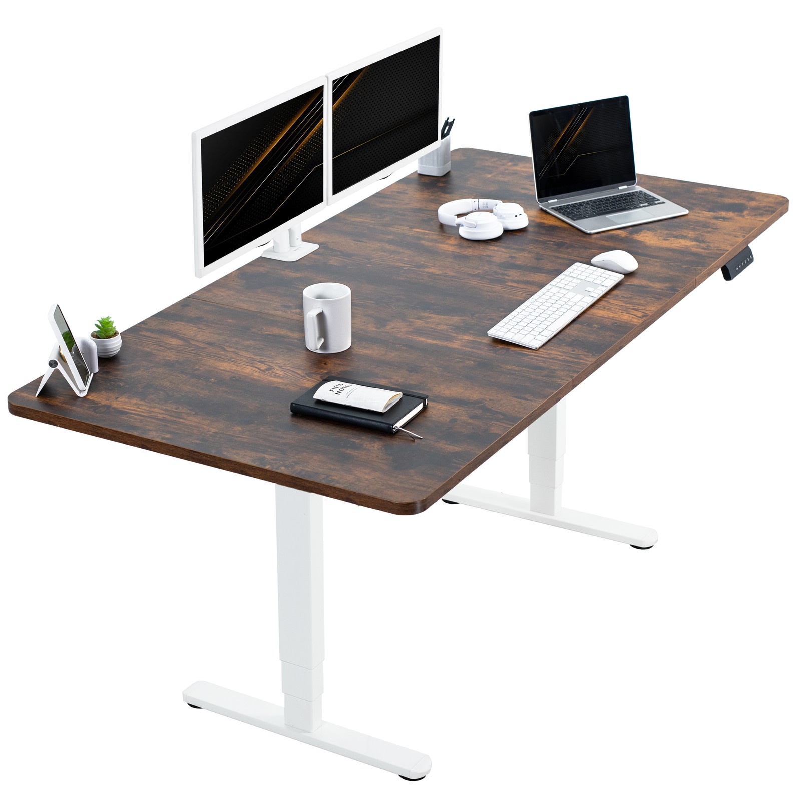 VIVO Electric 71”x36” Stand Up Desk, Rustic Vintage Brown Table Top, White Frame