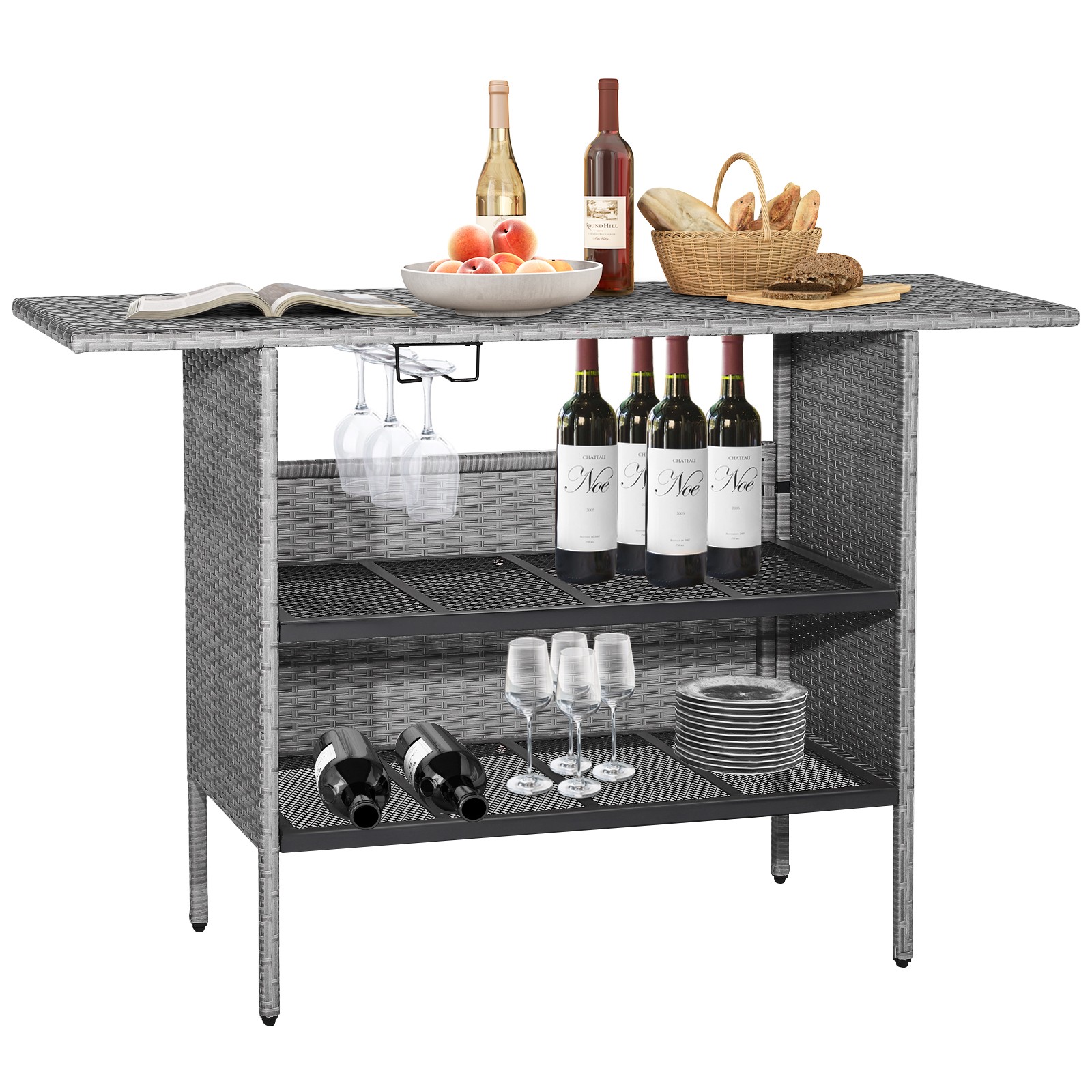 Patiojoy Patio Rattan Wicker Bar Height Counter Table Storage Shelf Rail Garden